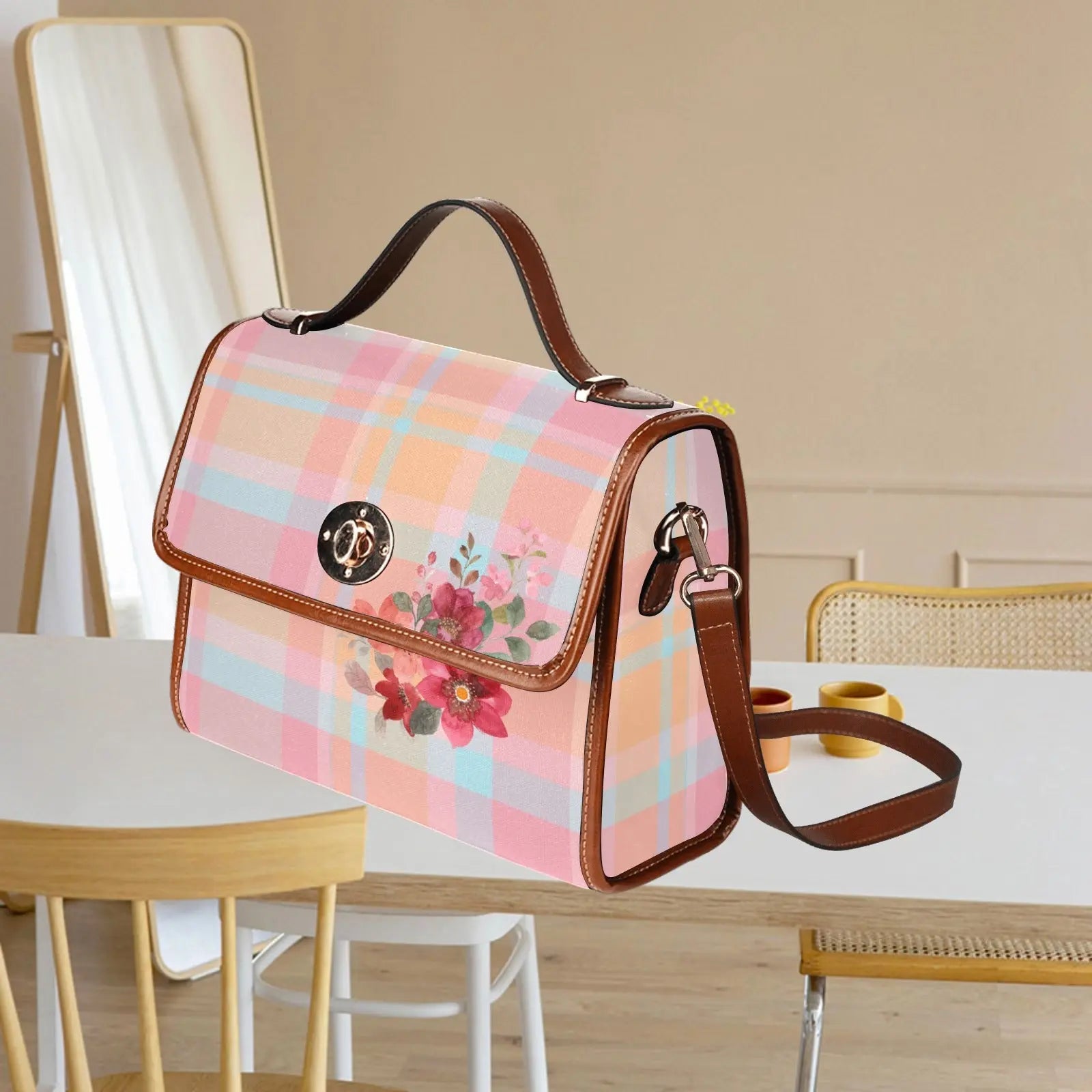 Personalized Waterproof Canvas Shoulder Strap Bag Tartan Pink Flower - Piryoung Shop