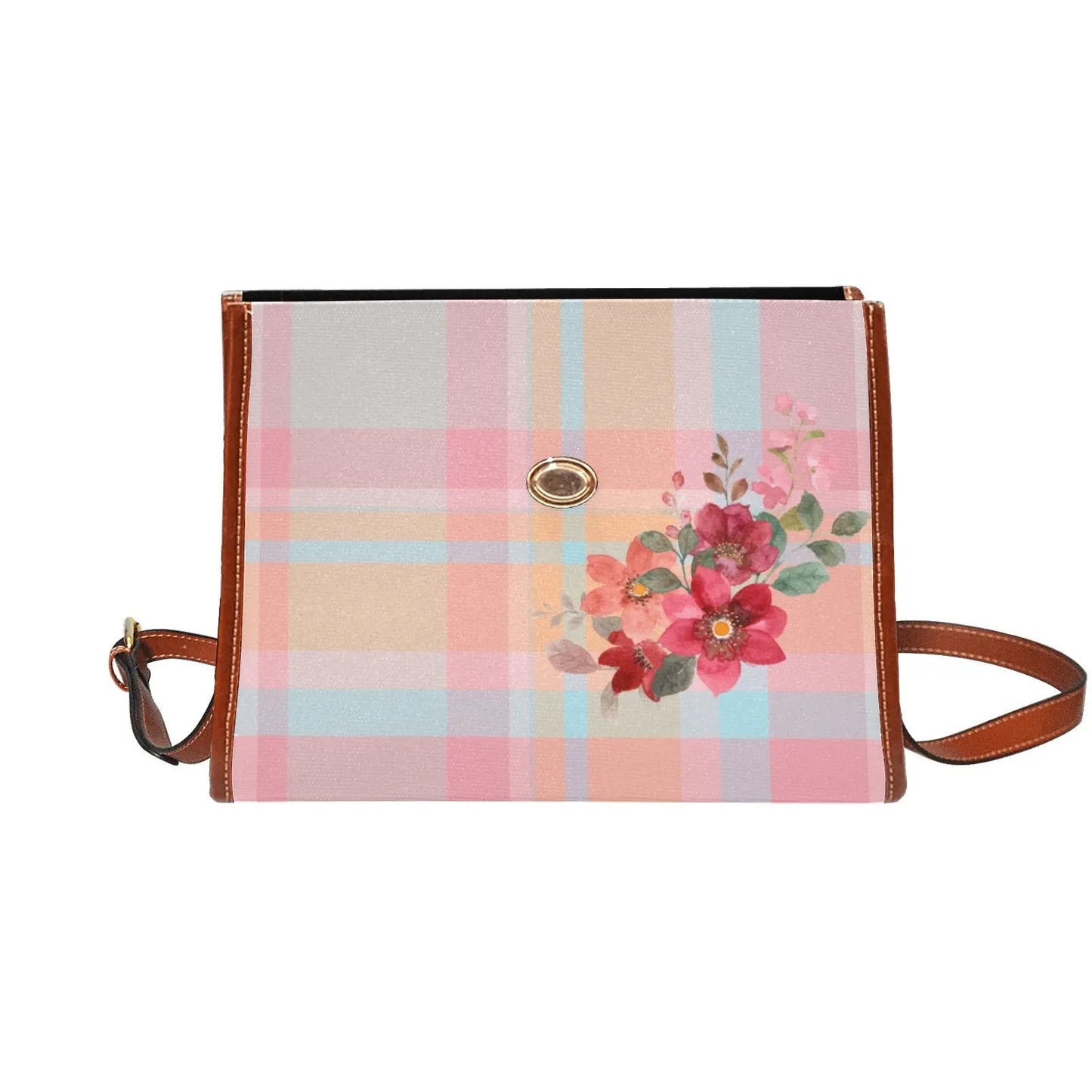 Personalized Waterproof Canvas Shoulder Strap Bag Tartan Pink Flower - Piryoung Shop