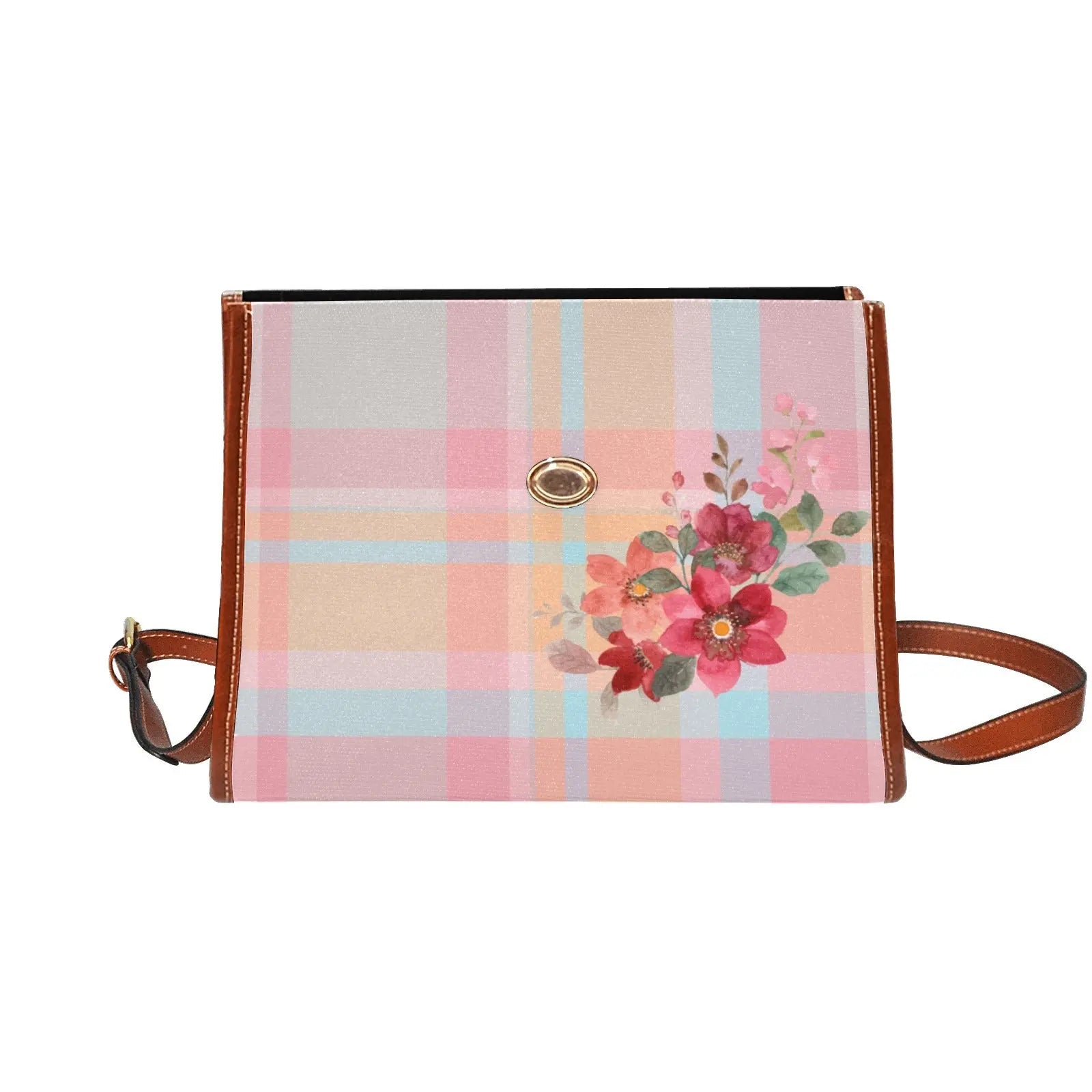 Personalized Waterproof Canvas Shoulder Strap Bag Tartan Pink Flower - Piryoung Shop