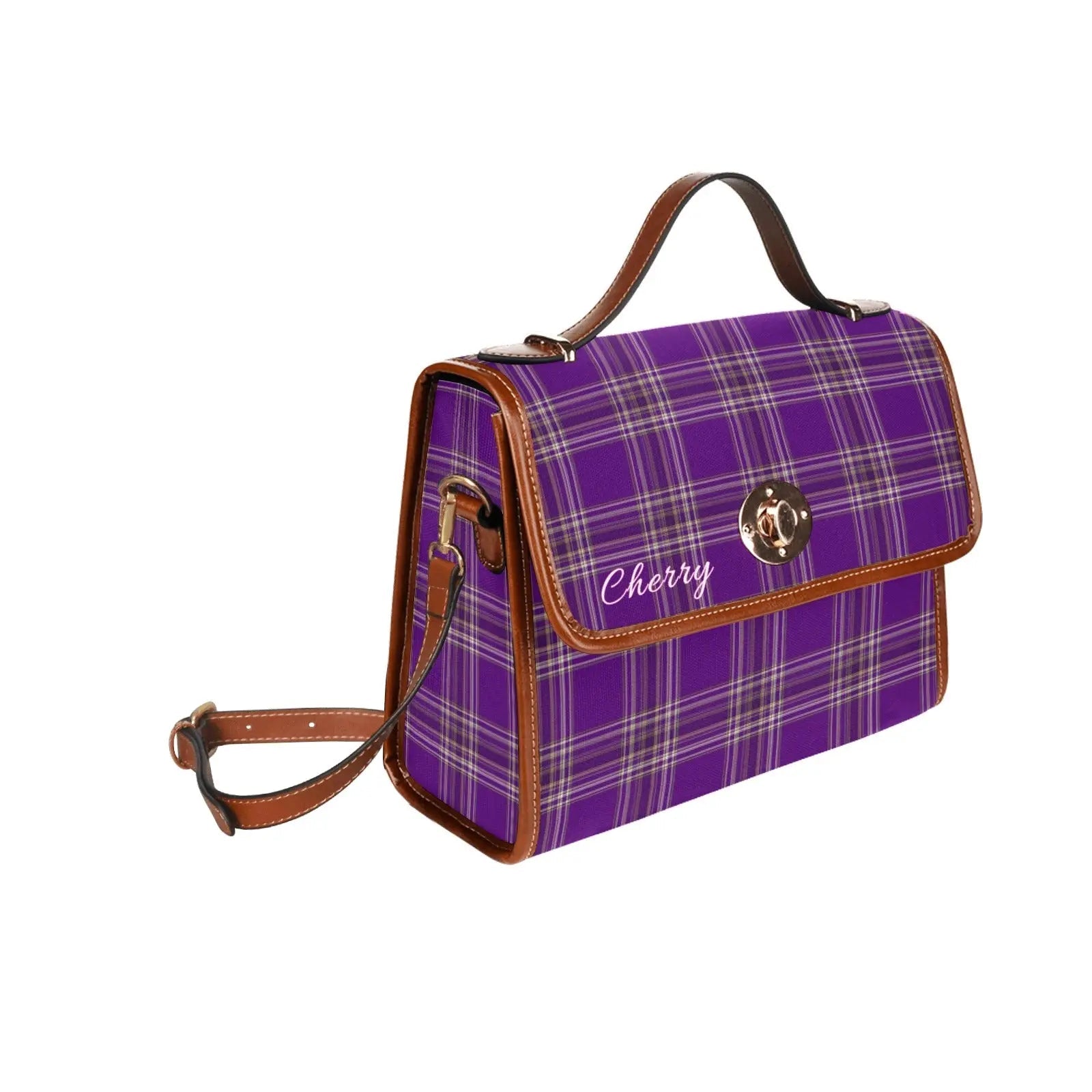 Personalized Waterproof Canvas Shoulder Strap Bag Tartan Purple - Piryoung Shop