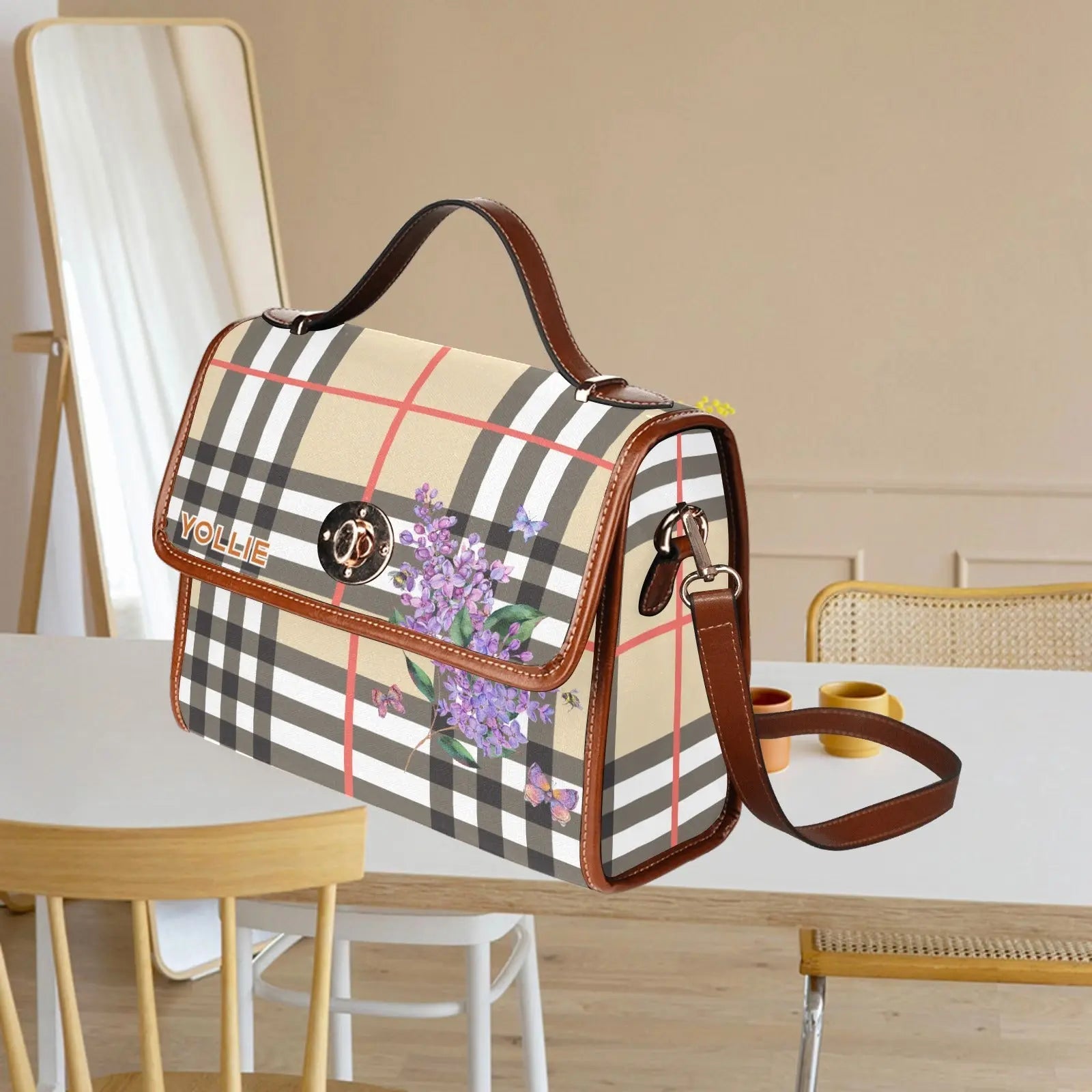 Personalized Waterproof Canvas Shoulder Strap Bag Tartan Purple Flower - Piryoung Shop