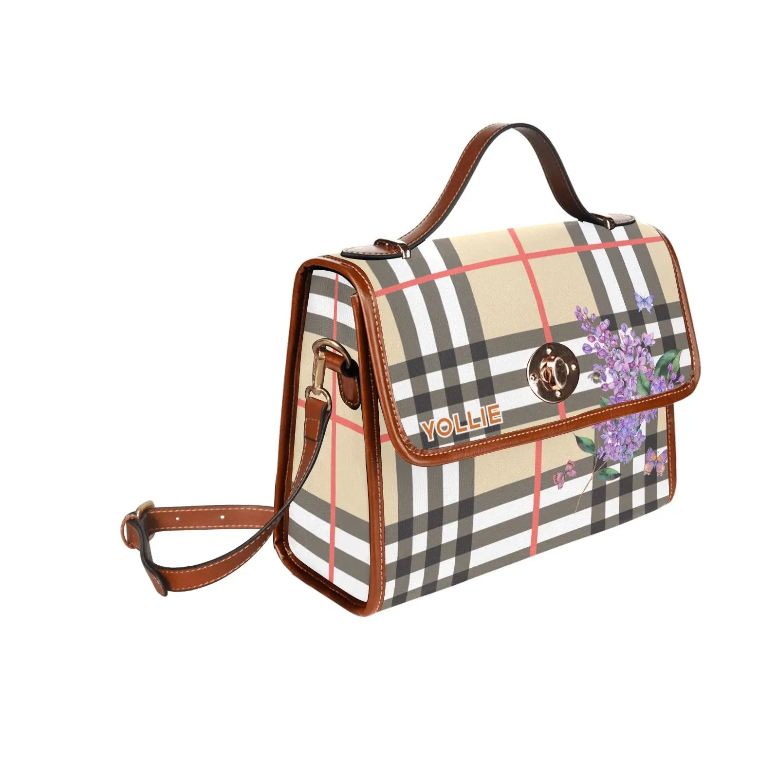 Personalized Waterproof Canvas Shoulder Strap Bag Tartan Purple Flower - Piryoung Shop
