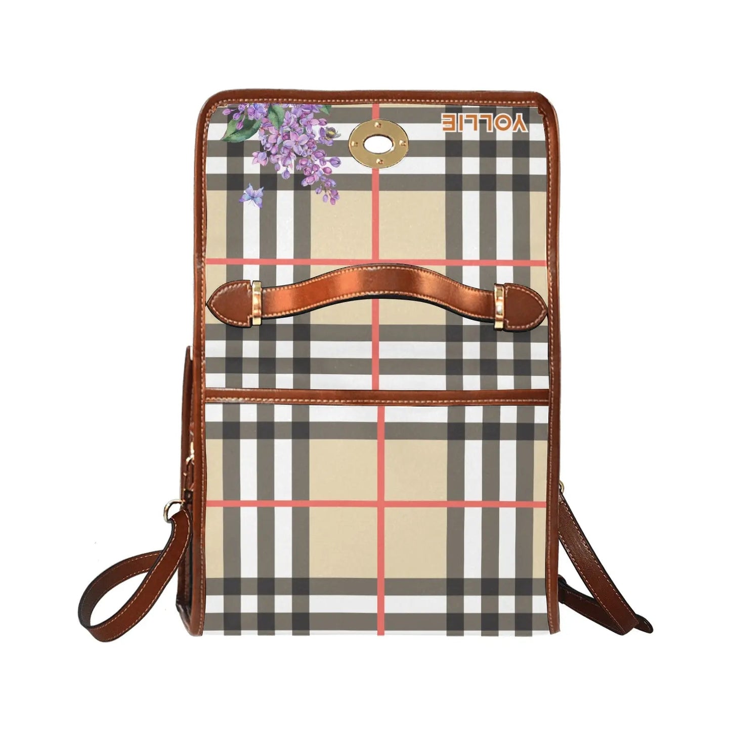 Personalized Waterproof Canvas Shoulder Strap Bag Tartan Purple Flower - Piryoung Shop