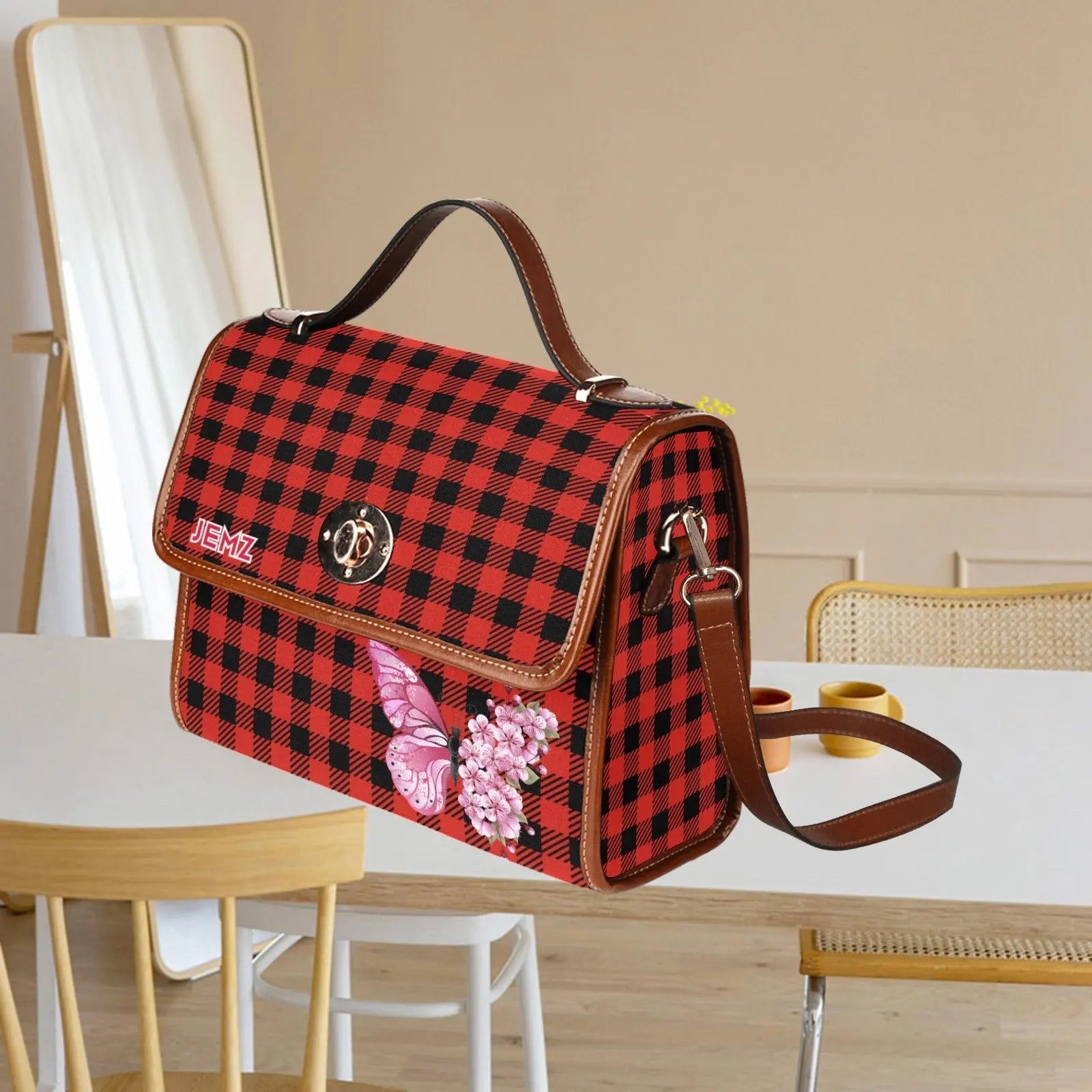 Personalized Waterproof Canvas Shoulder Strap Bag Tartan Red - Piryoung Shop