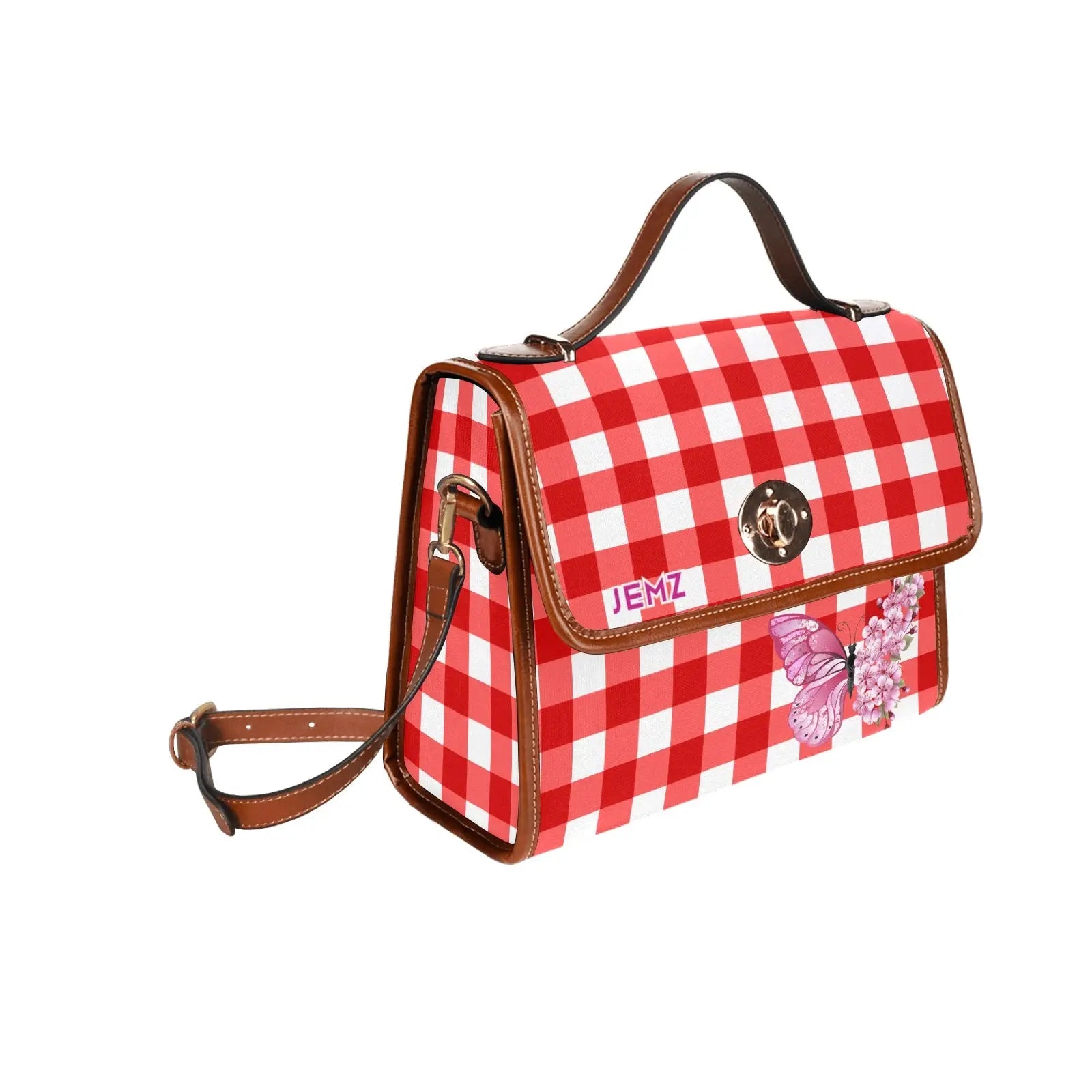 Personalized Waterproof Canvas Shoulder Strap Bag Tartan Red Butterfly - Piryoung Shop
