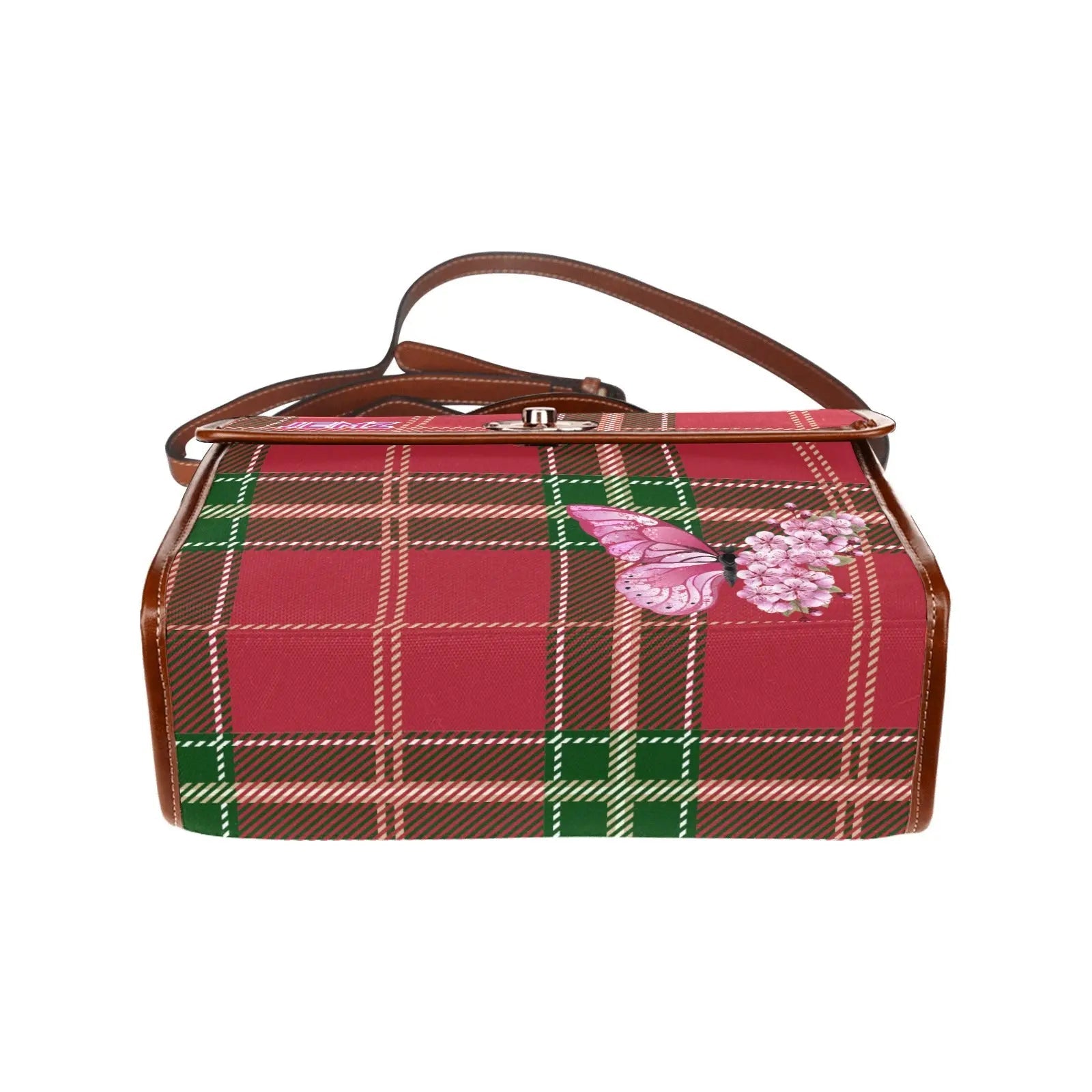 Personalized Waterproof Canvas Shoulder Strap Bag Tartan Red Butterfly - Piryoung Shop