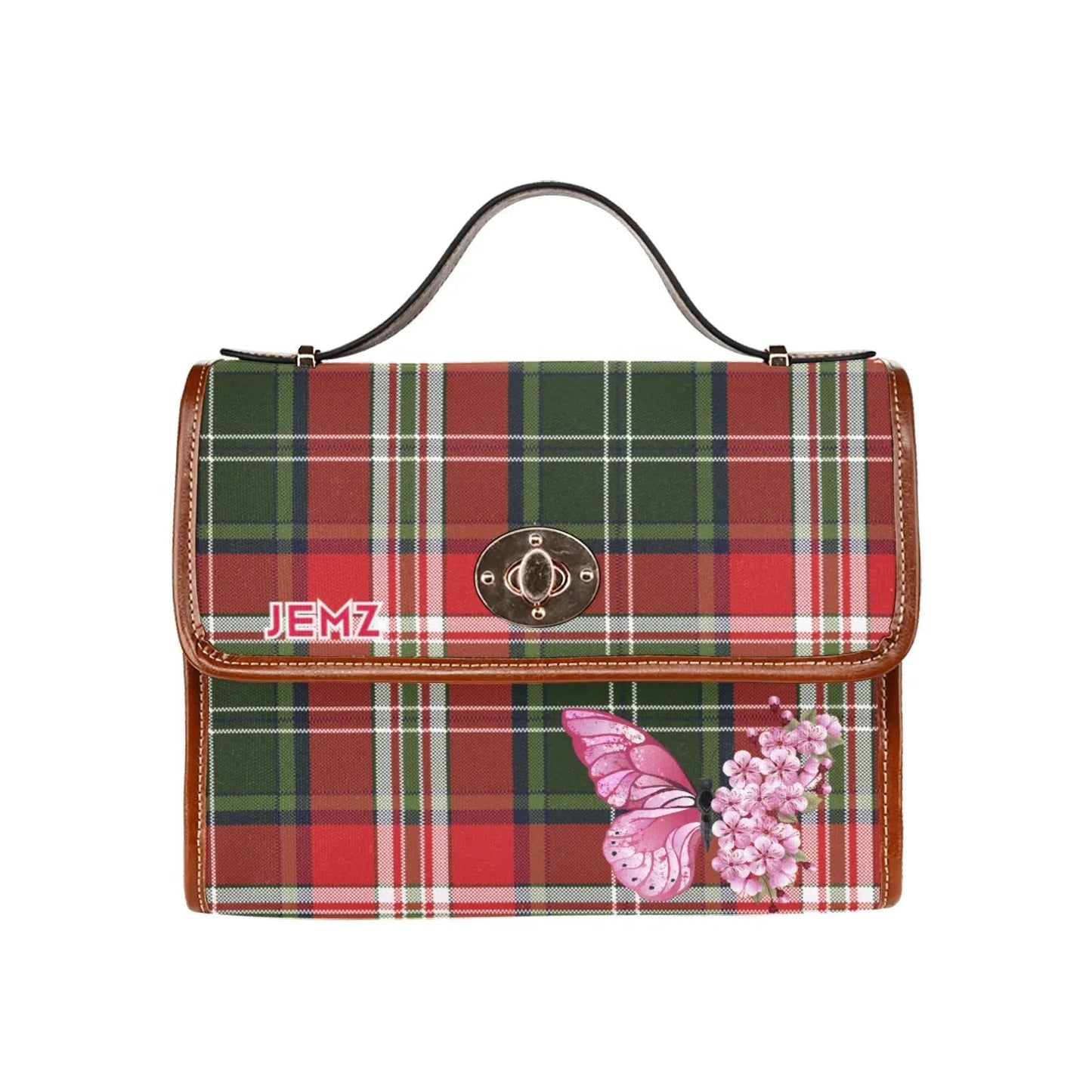 Personalized Waterproof Canvas Shoulder Strap Bag Tartan Red Butterfly - Piryoung Shop