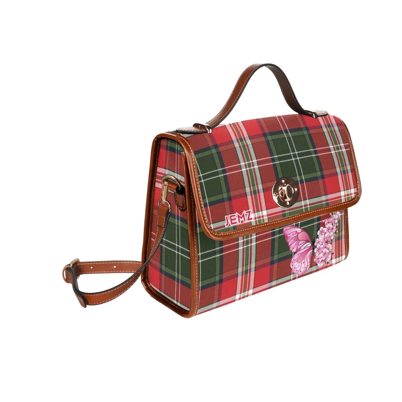 Personalized Waterproof Canvas Shoulder Strap Bag Tartan Red Butterfly - Piryoung Shop