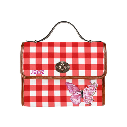 Personalized Waterproof Canvas Shoulder Strap Bag Tartan Red Butterfly - Piryoung Shop