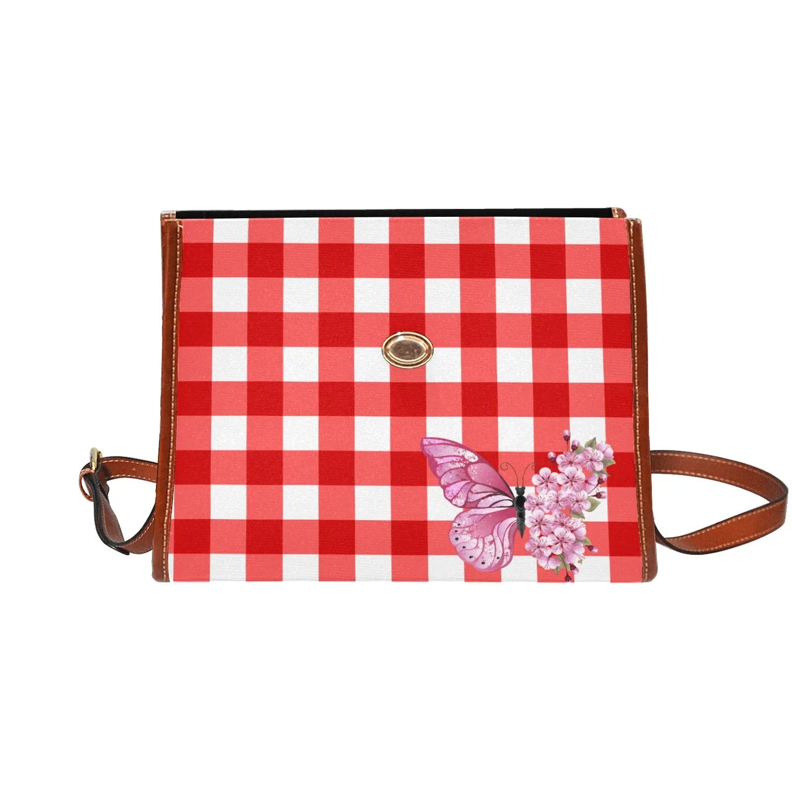 Personalized Waterproof Canvas Shoulder Strap Bag Tartan Red Butterfly - Piryoung Shop