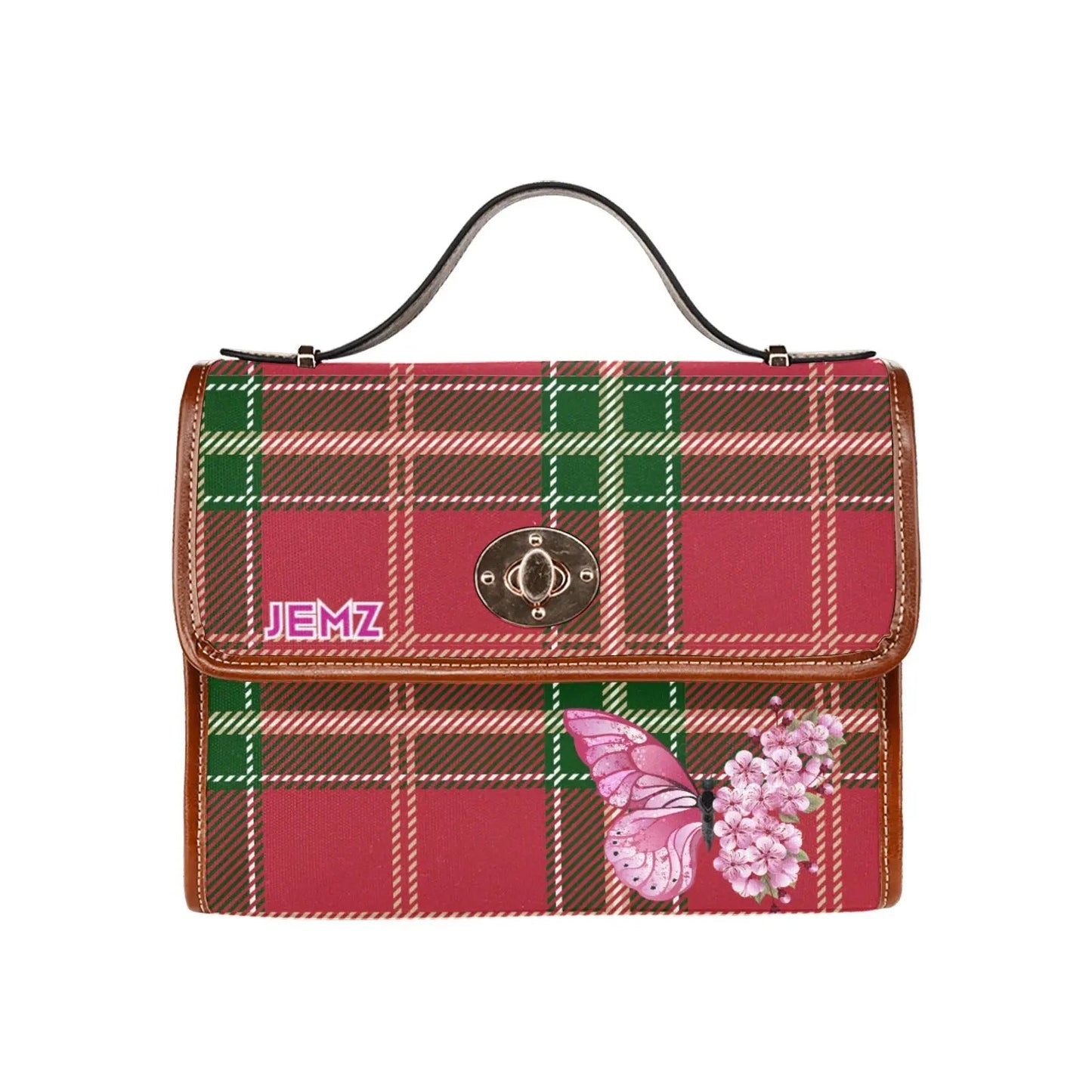 Personalized Waterproof Canvas Shoulder Strap Bag Tartan Red Butterfly - Piryoung Shop
