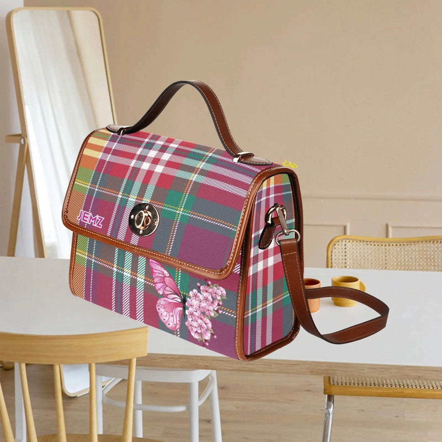 Personalized Waterproof Canvas Shoulder Strap Bag Tartan Red Butterfly - Piryoung Shop