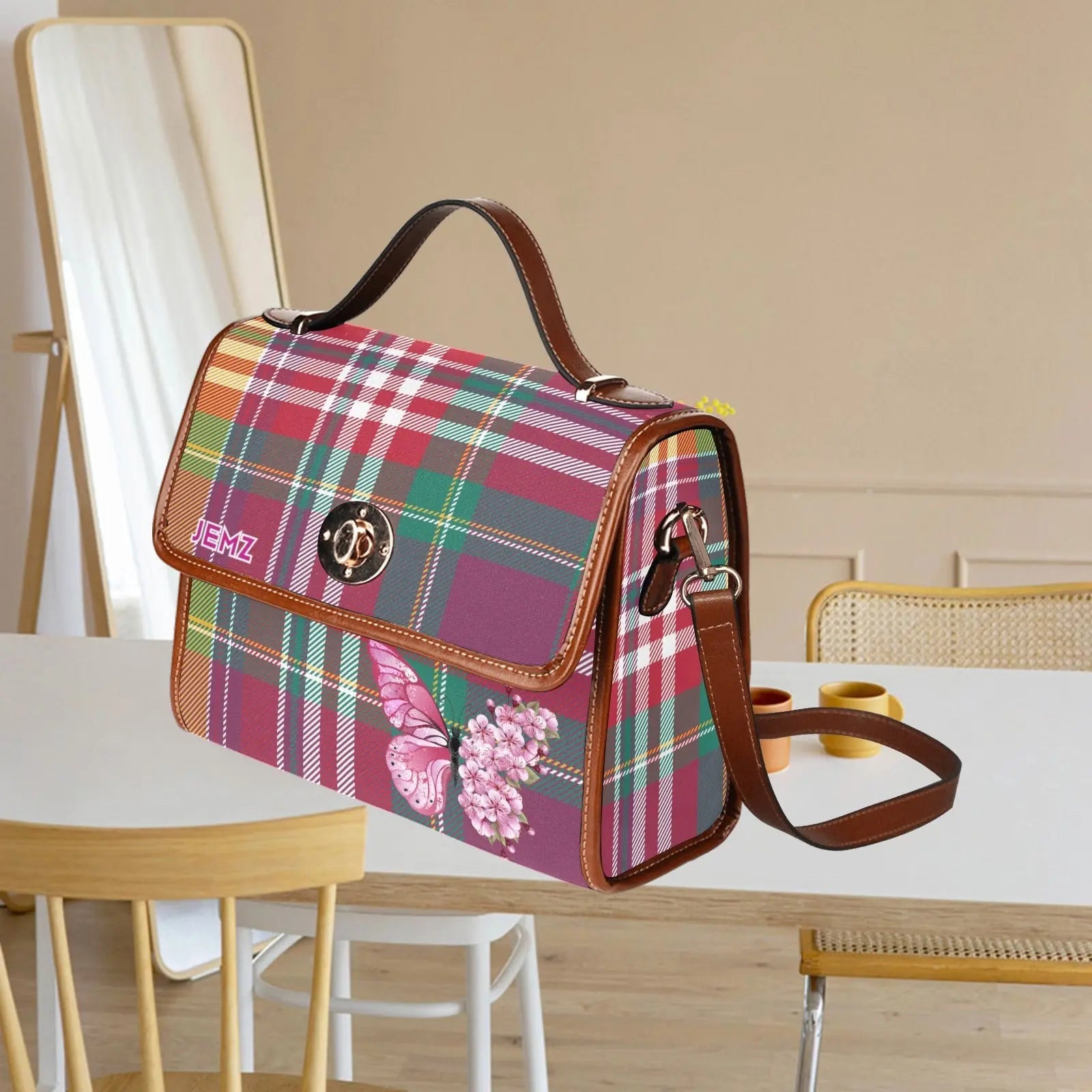 Personalized Waterproof Canvas Shoulder Strap Bag Tartan Red Butterfly - Piryoung Shop