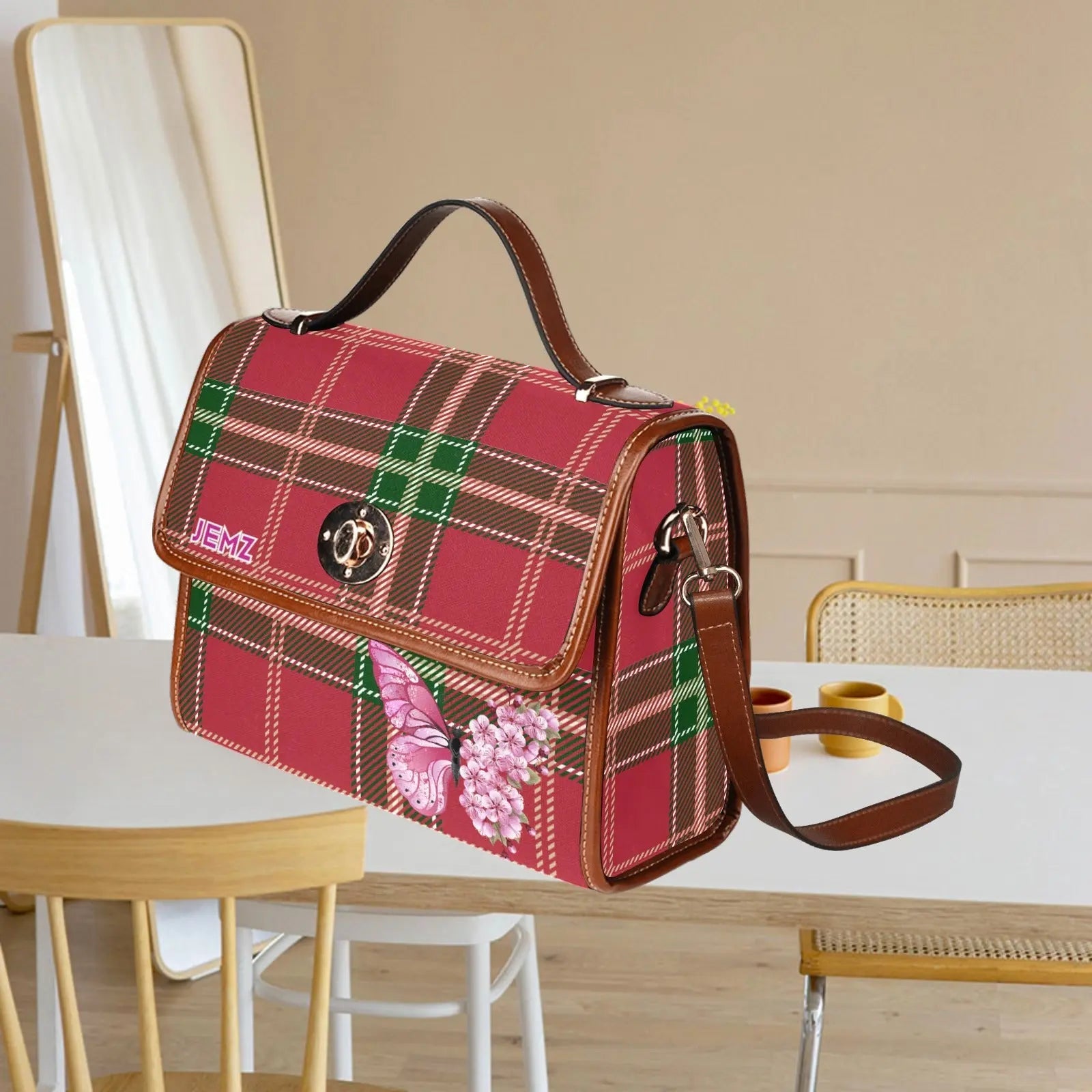 Personalized Waterproof Canvas Shoulder Strap Bag Tartan Red Butterfly - Piryoung Shop