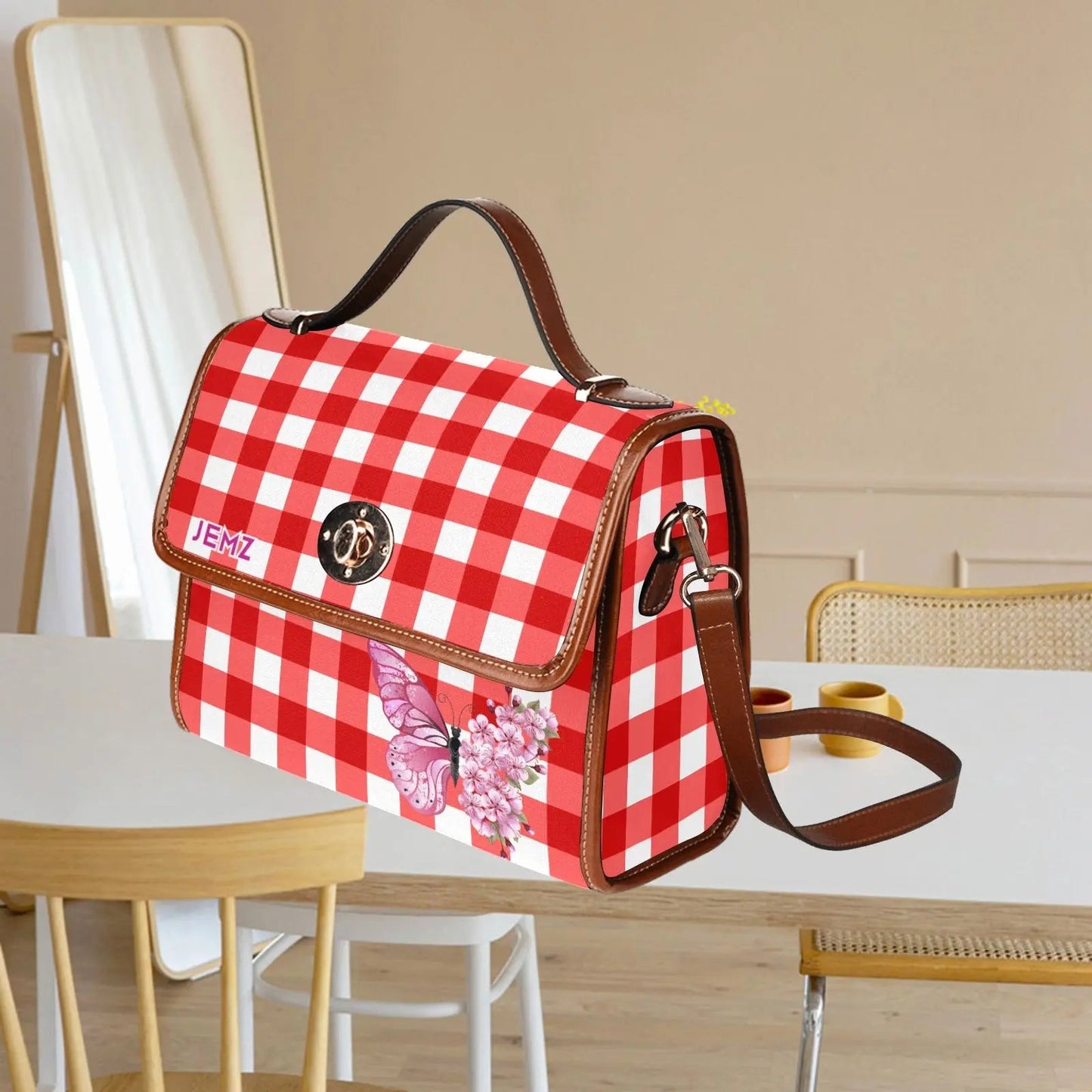 Personalized Waterproof Canvas Shoulder Strap Bag Tartan Red Butterfly - Piryoung Shop