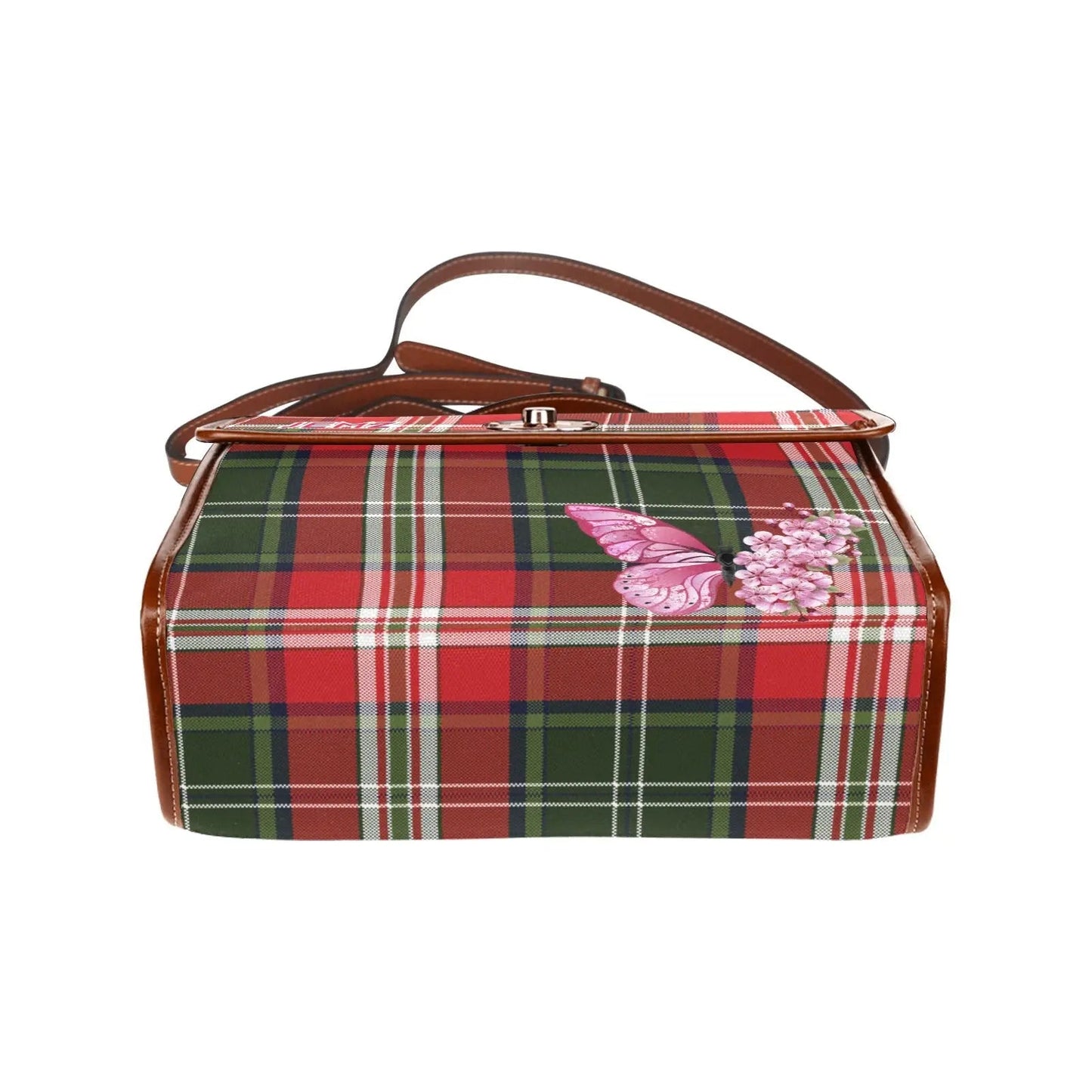 Personalized Waterproof Canvas Shoulder Strap Bag Tartan Red Butterfly - Piryoung Shop