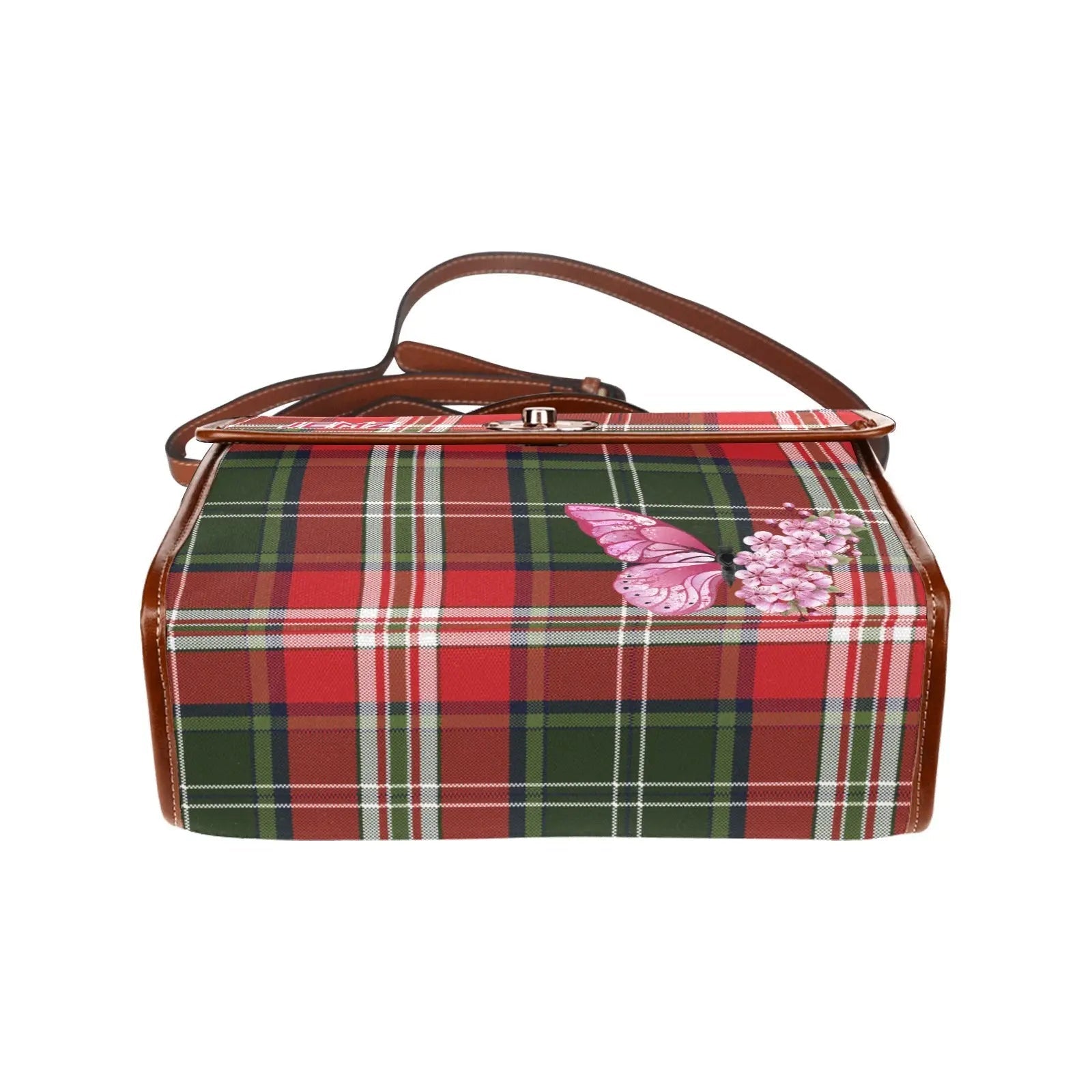 Personalized Waterproof Canvas Shoulder Strap Bag Tartan Red Butterfly - Piryoung Shop