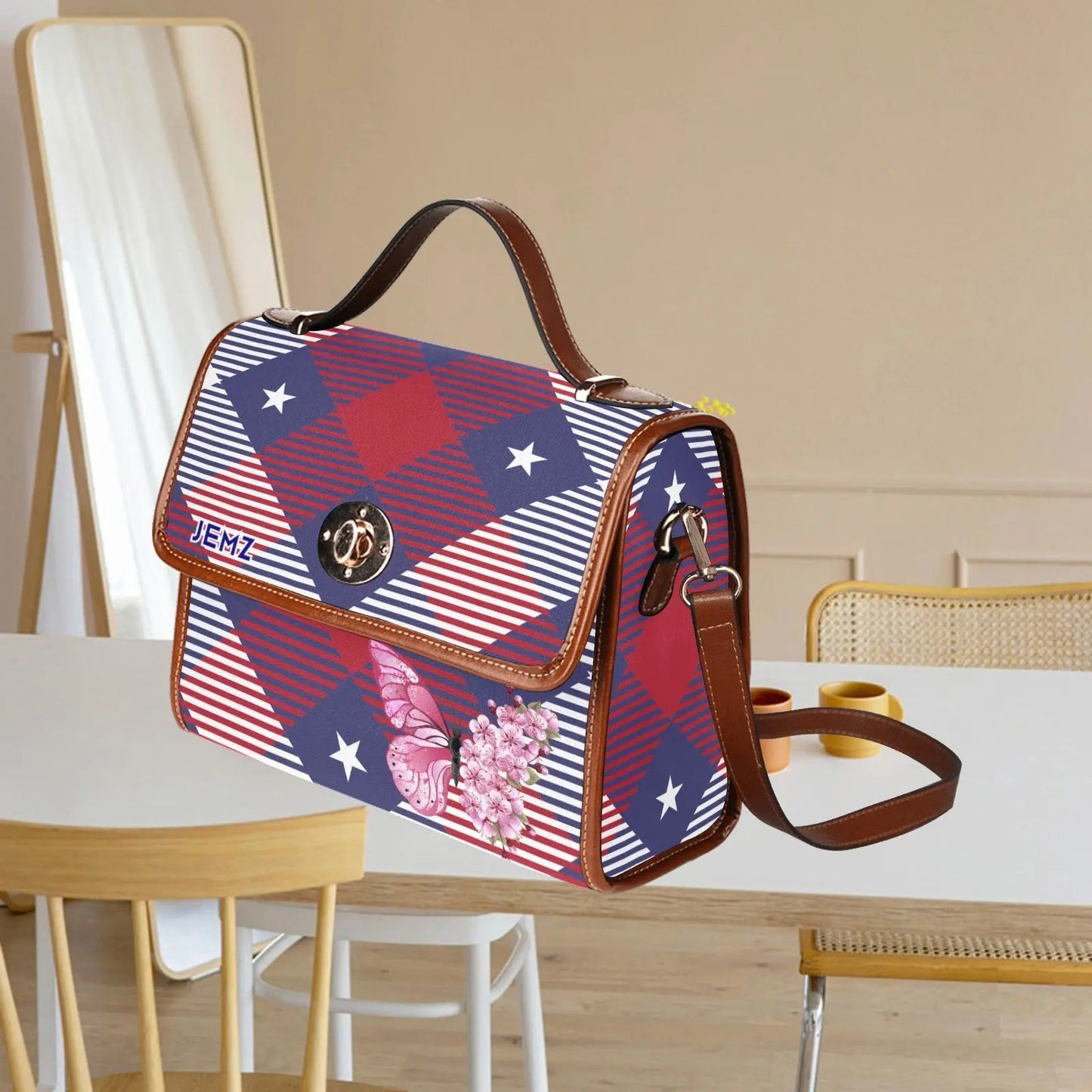 Personalized Waterproof Canvas Shoulder Strap Bag Tartan Red Butterfly - Piryoung Shop