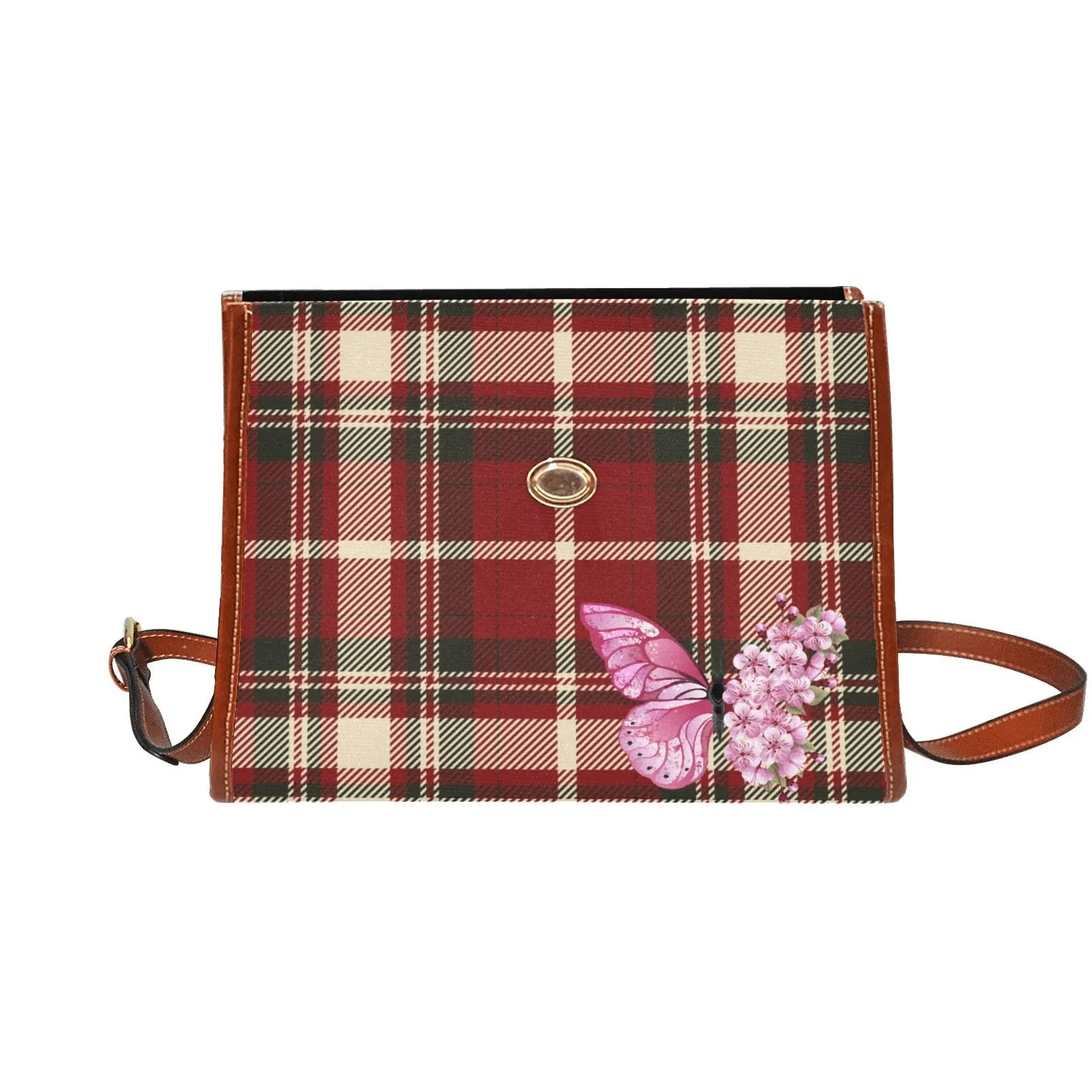 Personalized Waterproof Canvas Shoulder Strap Bag Tartan Red Butterfly - Piryoung Shop