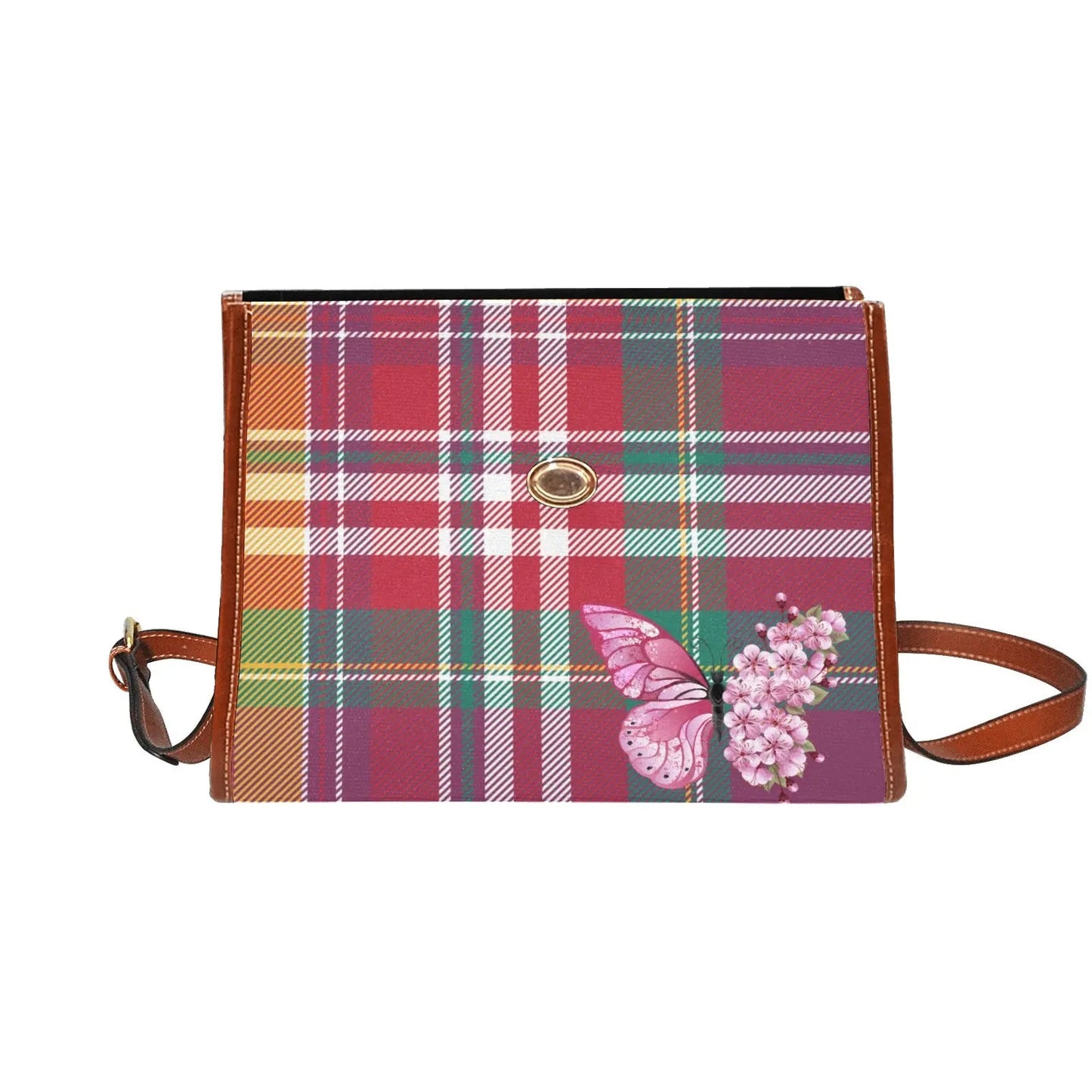 Personalized Waterproof Canvas Shoulder Strap Bag Tartan Red Butterfly - Piryoung Shop