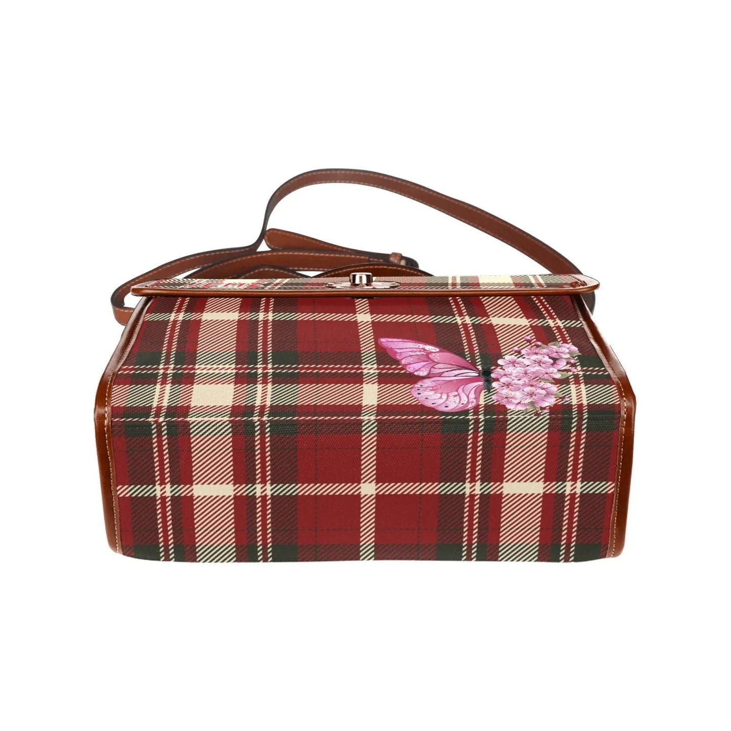 Personalized Waterproof Canvas Shoulder Strap Bag Tartan Red Butterfly - Piryoung Shop
