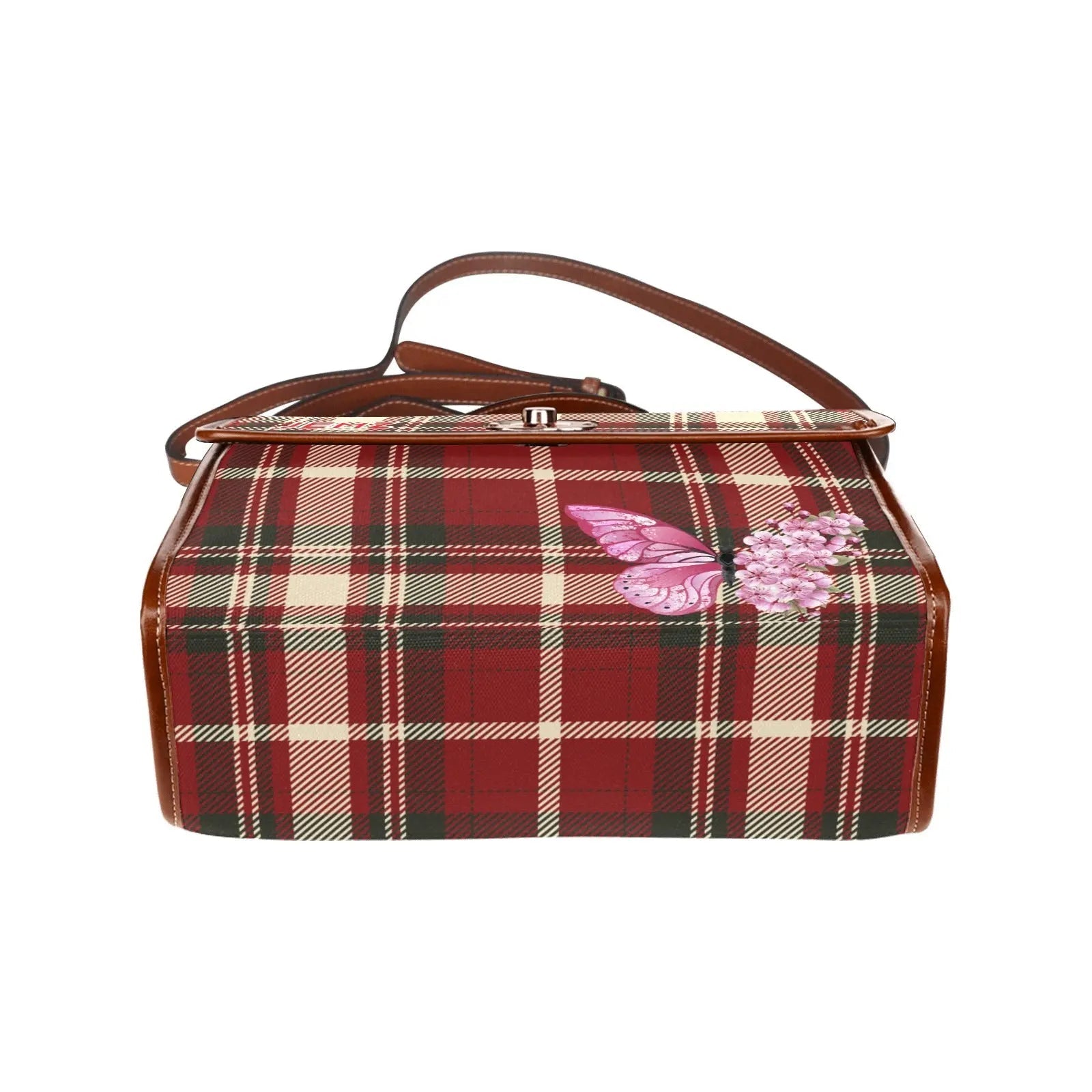 Personalized Waterproof Canvas Shoulder Strap Bag Tartan Red Butterfly - Piryoung Shop