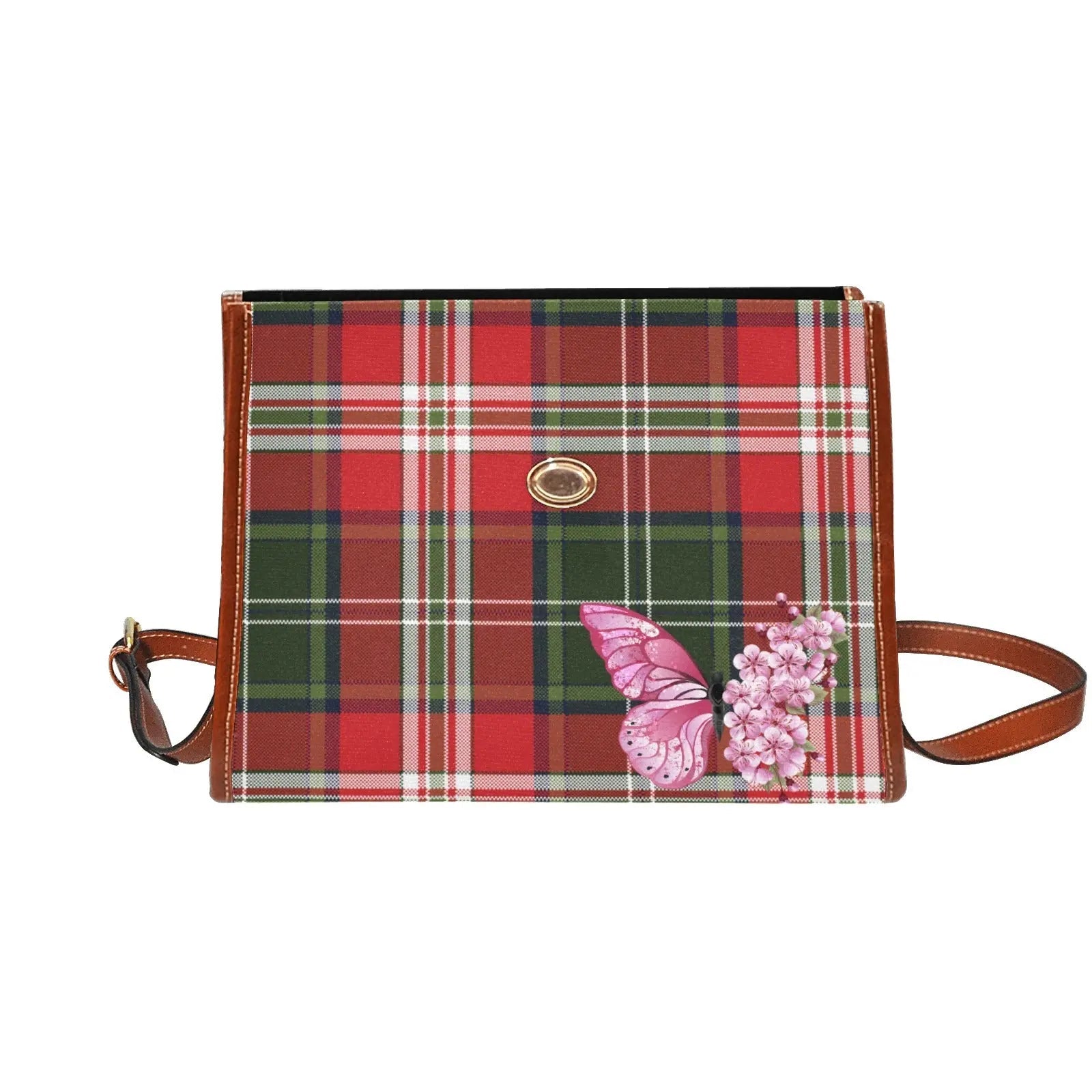 Personalized Waterproof Canvas Shoulder Strap Bag Tartan Red Butterfly - Piryoung Shop