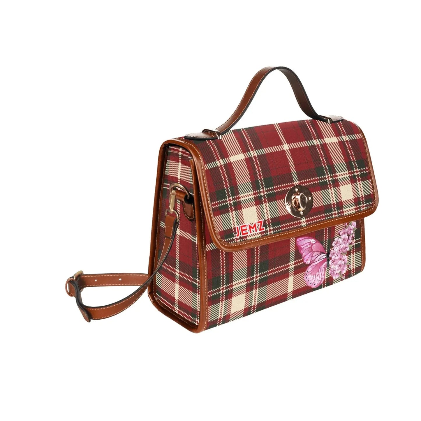 Personalized Waterproof Canvas Shoulder Strap Bag Tartan Red Butterfly - Piryoung Shop