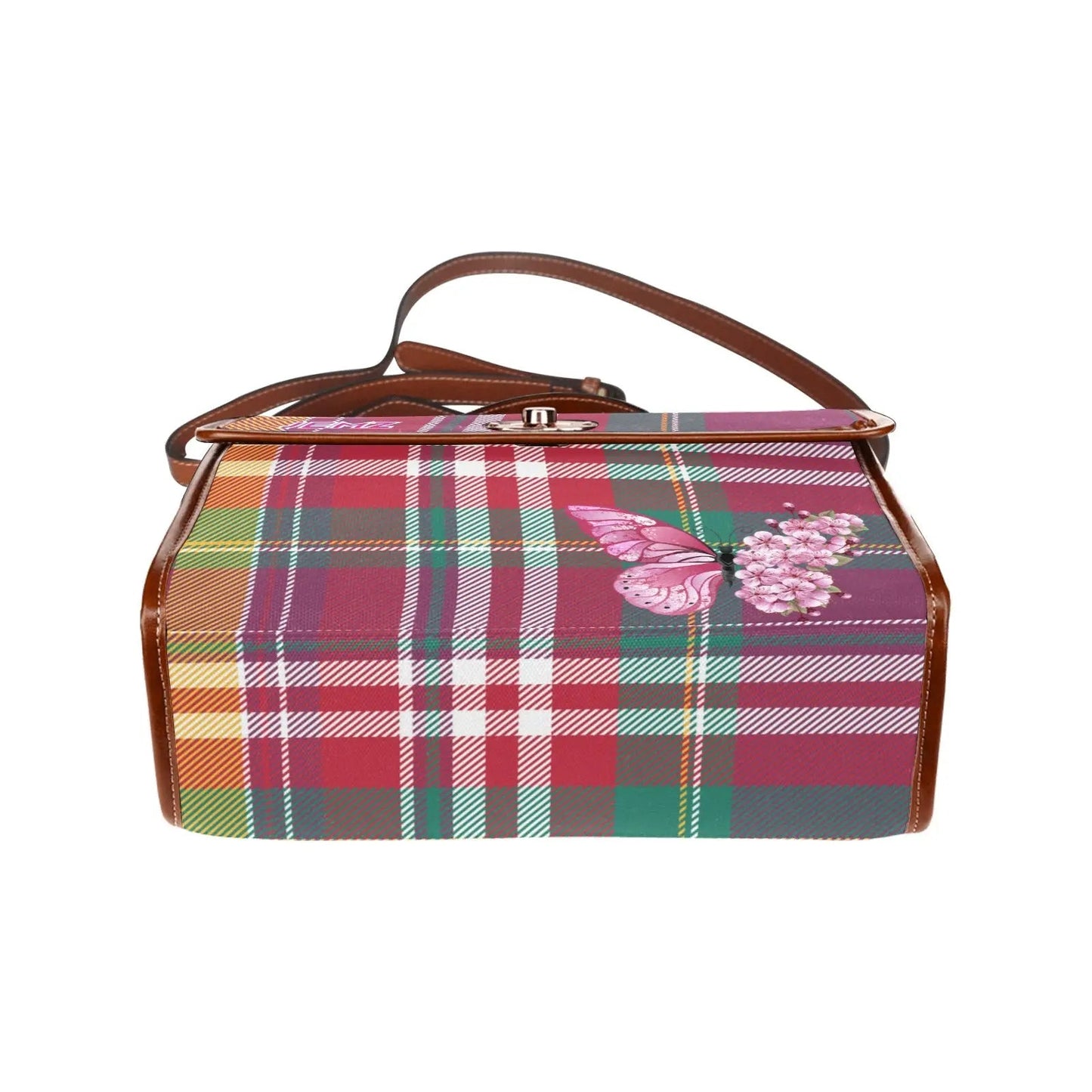 Personalized Waterproof Canvas Shoulder Strap Bag Tartan Red Butterfly - Piryoung Shop
