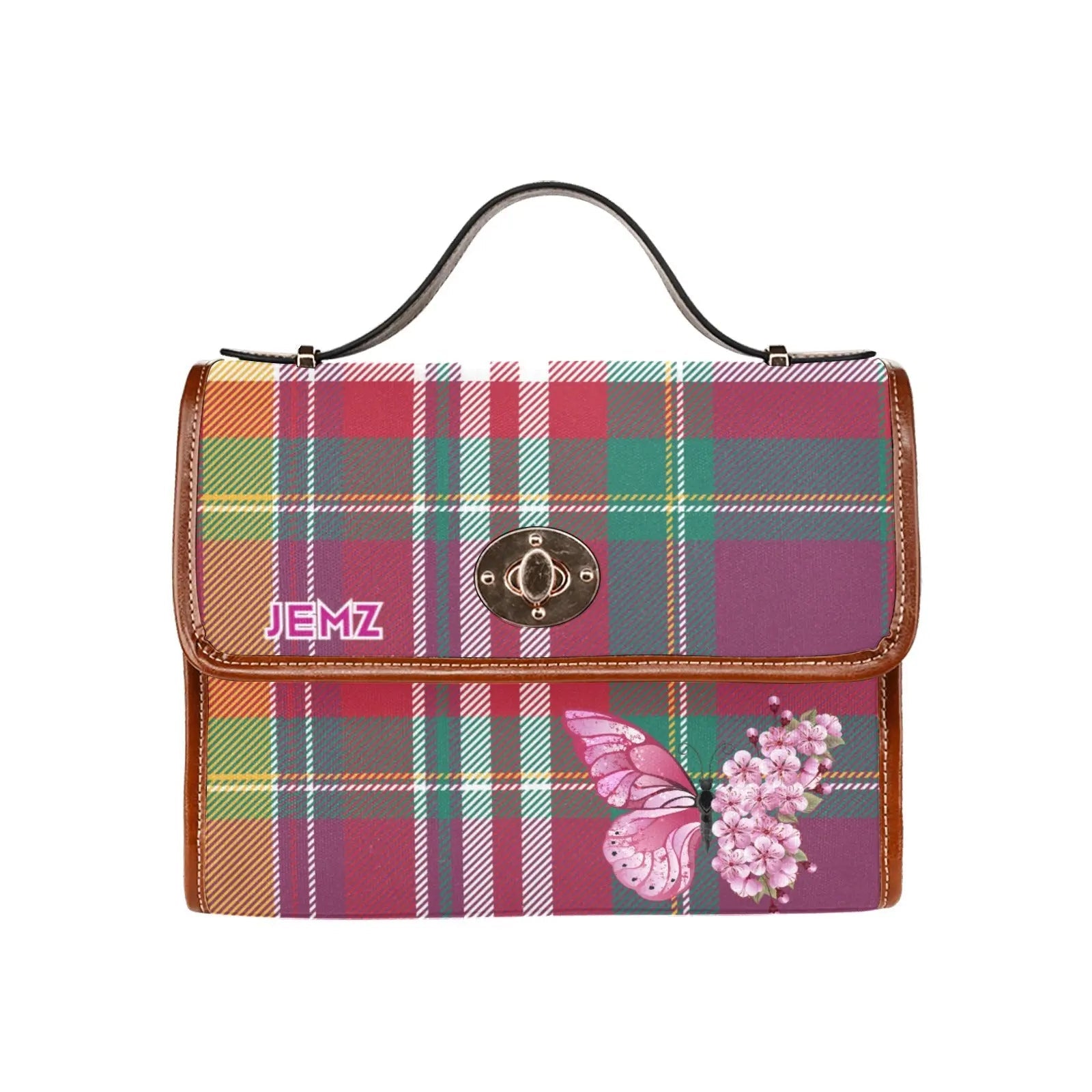 Personalized Waterproof Canvas Shoulder Strap Bag Tartan Red Butterfly - Piryoung Shop