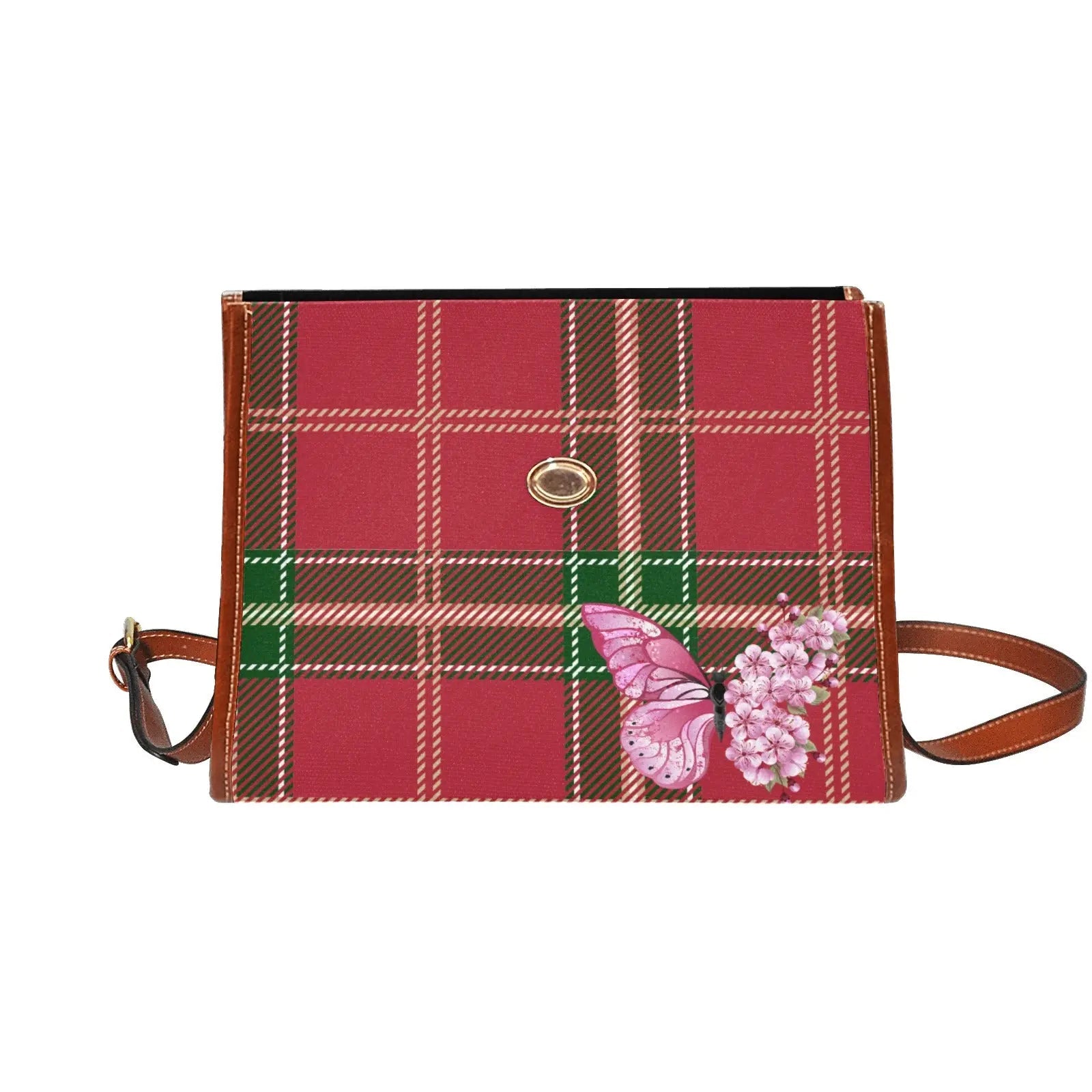 Personalized Waterproof Canvas Shoulder Strap Bag Tartan Red Butterfly - Piryoung Shop