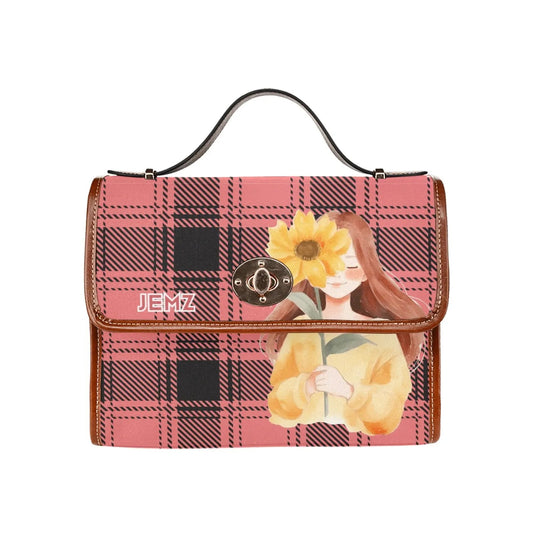 Personalized Waterproof Canvas Shoulder Strap Bag Tartan Red Sunflower Girl - Piryoung Shop