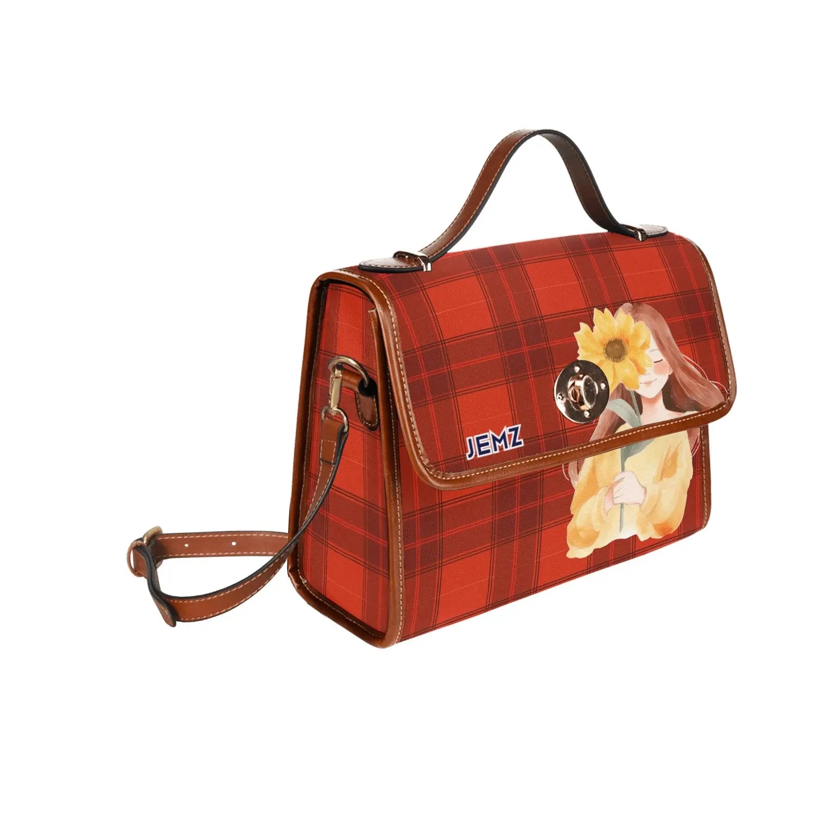 Personalized Waterproof Canvas Shoulder Strap Bag Tartan Red Sunflower Girl - Piryoung Shop