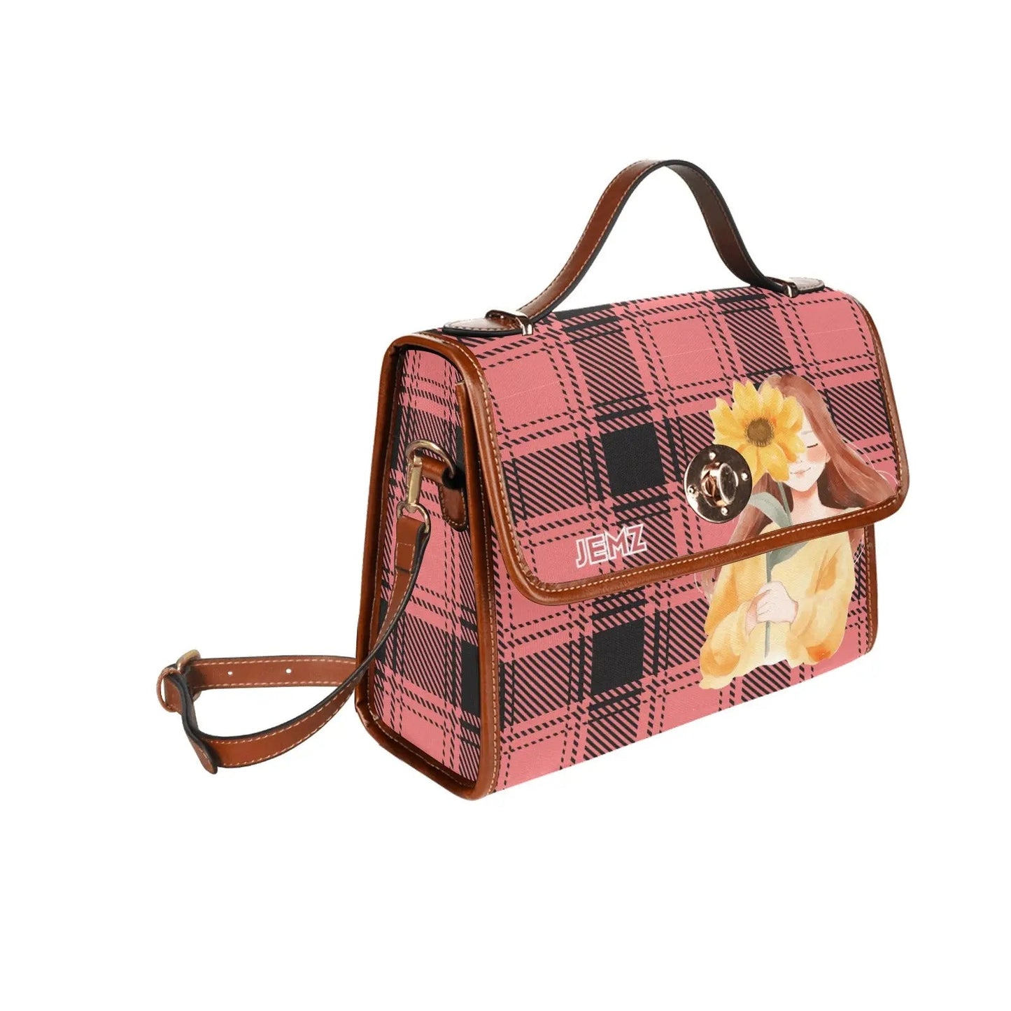 Personalized Waterproof Canvas Shoulder Strap Bag Tartan Red Sunflower Girl - Piryoung Shop
