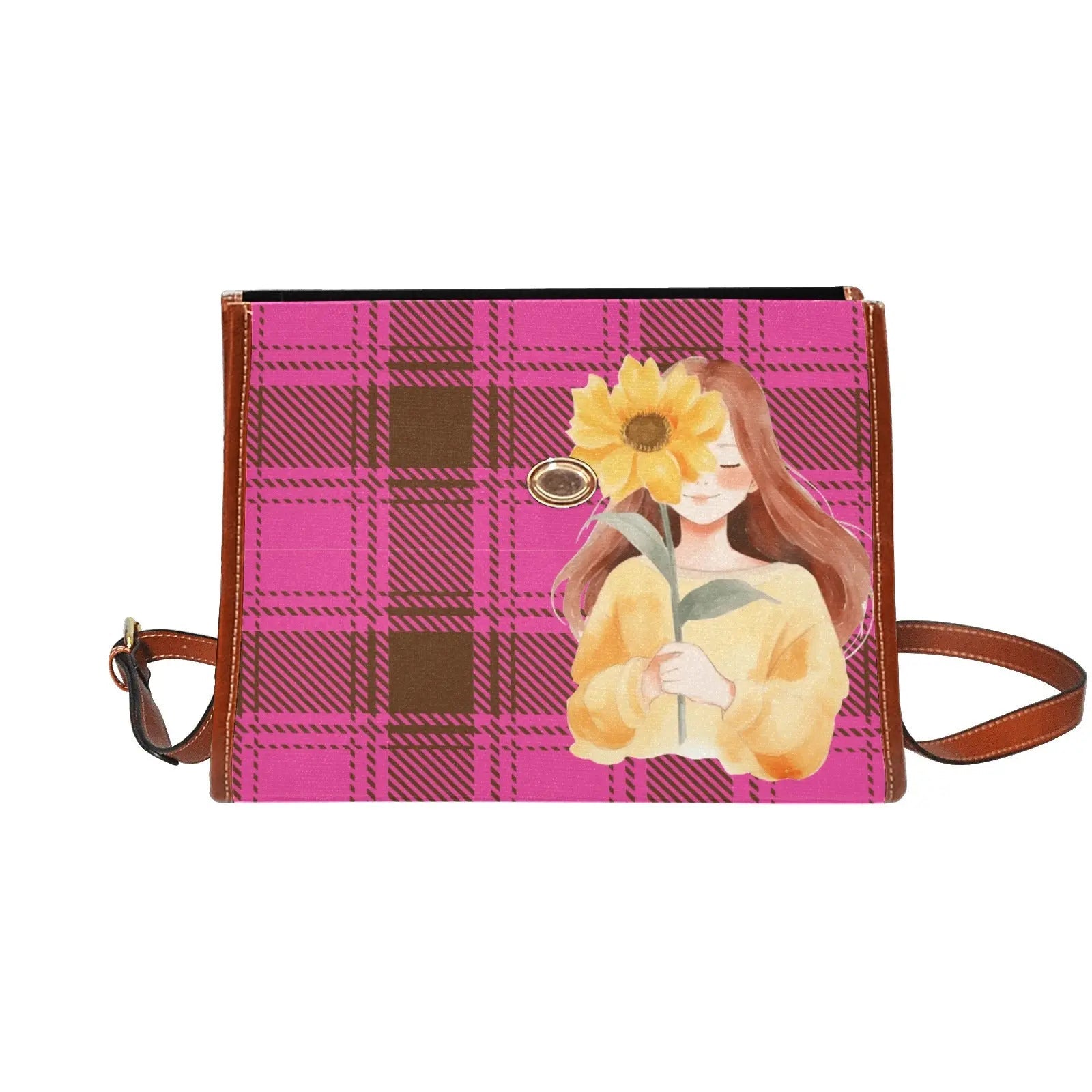 Personalized Waterproof Canvas Shoulder Strap Bag Tartan Red Sunflower Girl - Piryoung Shop