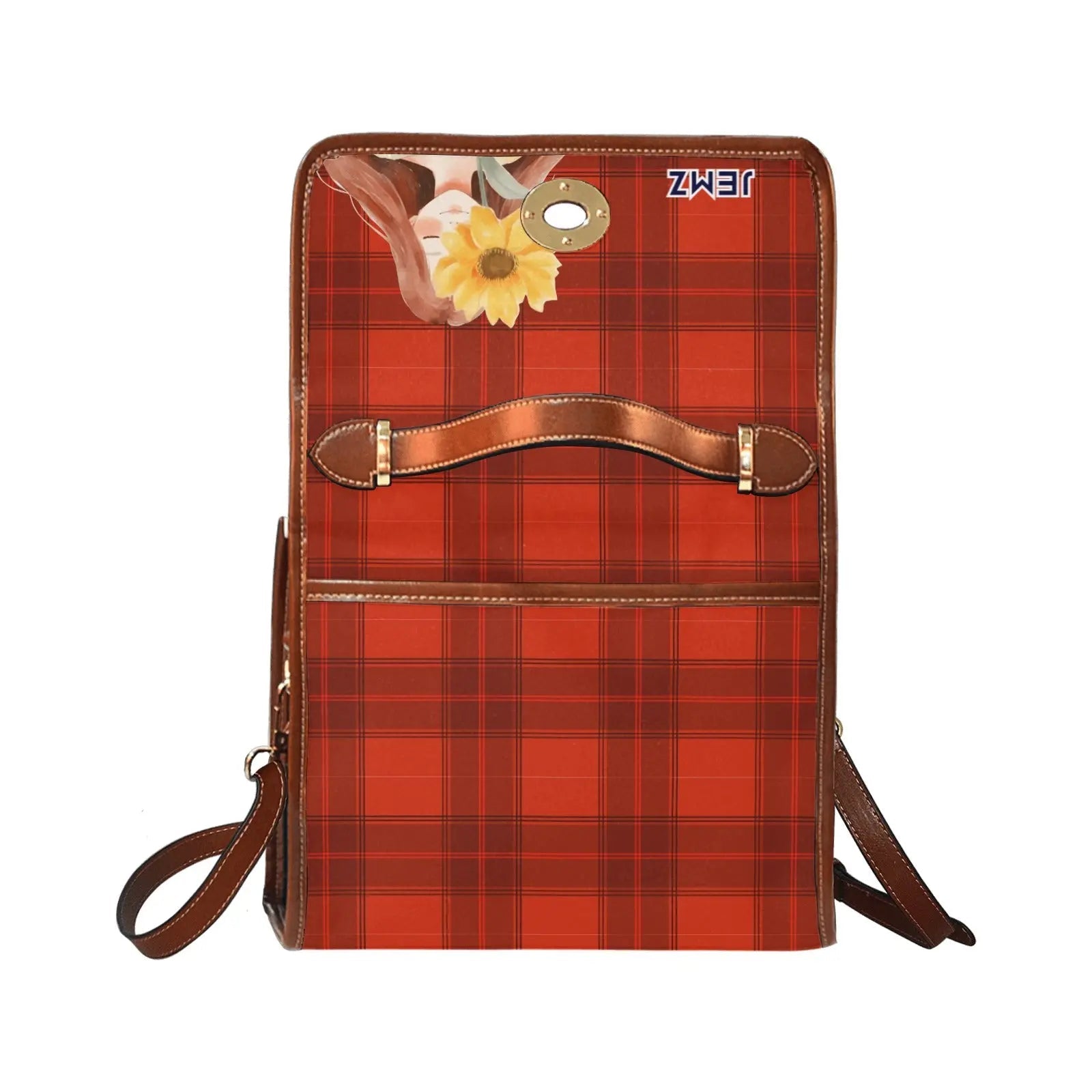 Personalized Waterproof Canvas Shoulder Strap Bag Tartan Red Sunflower Girl - Piryoung Shop