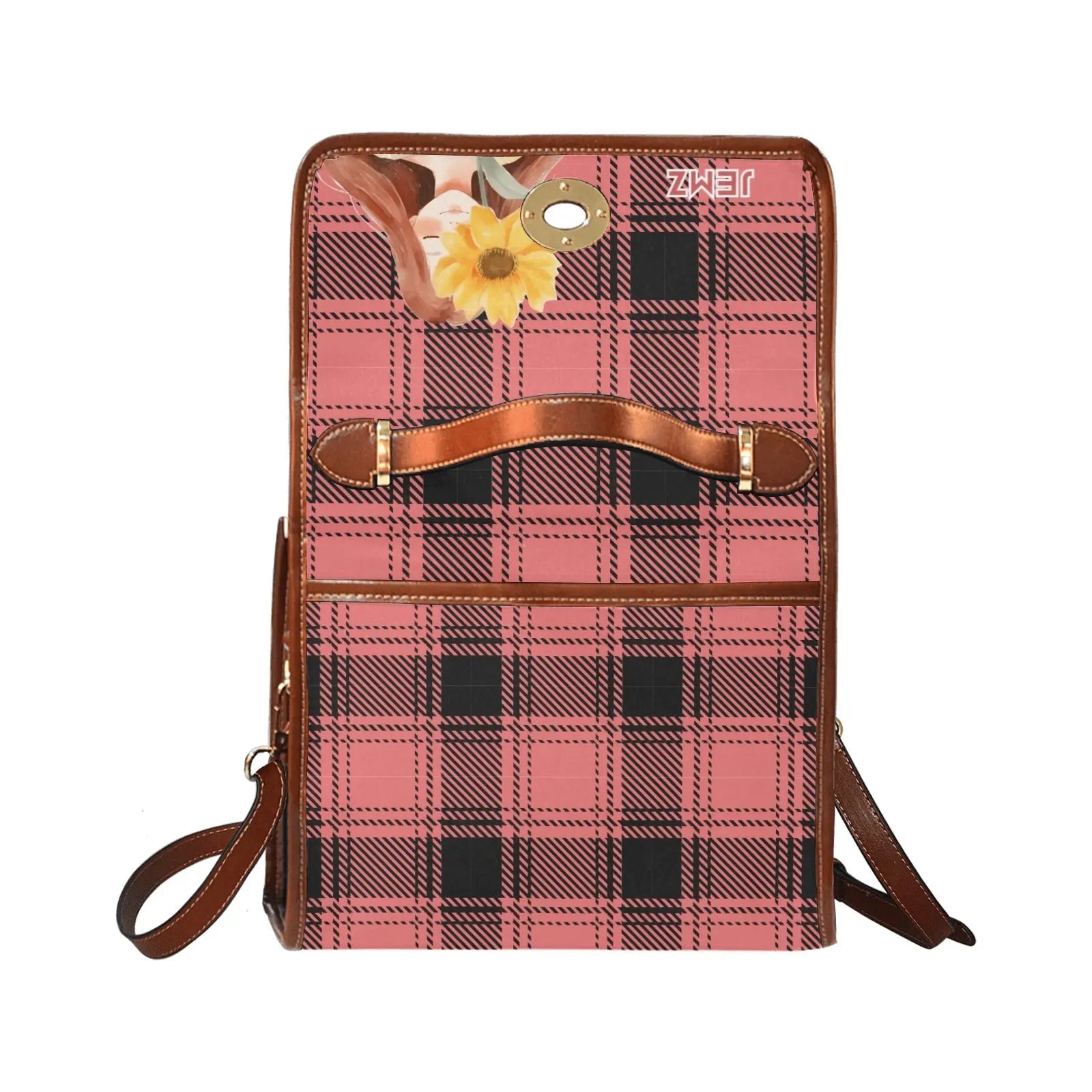 Personalized Waterproof Canvas Shoulder Strap Bag Tartan Red Sunflower Girl - Piryoung Shop