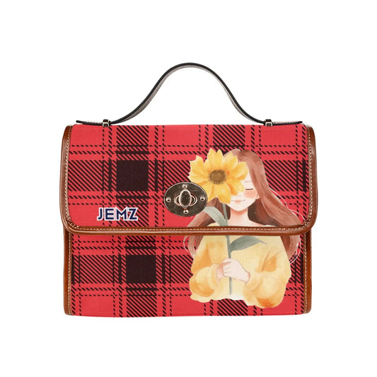Personalized Waterproof Canvas Shoulder Strap Bag Tartan Red Sunflower Girl - Piryoung Shop