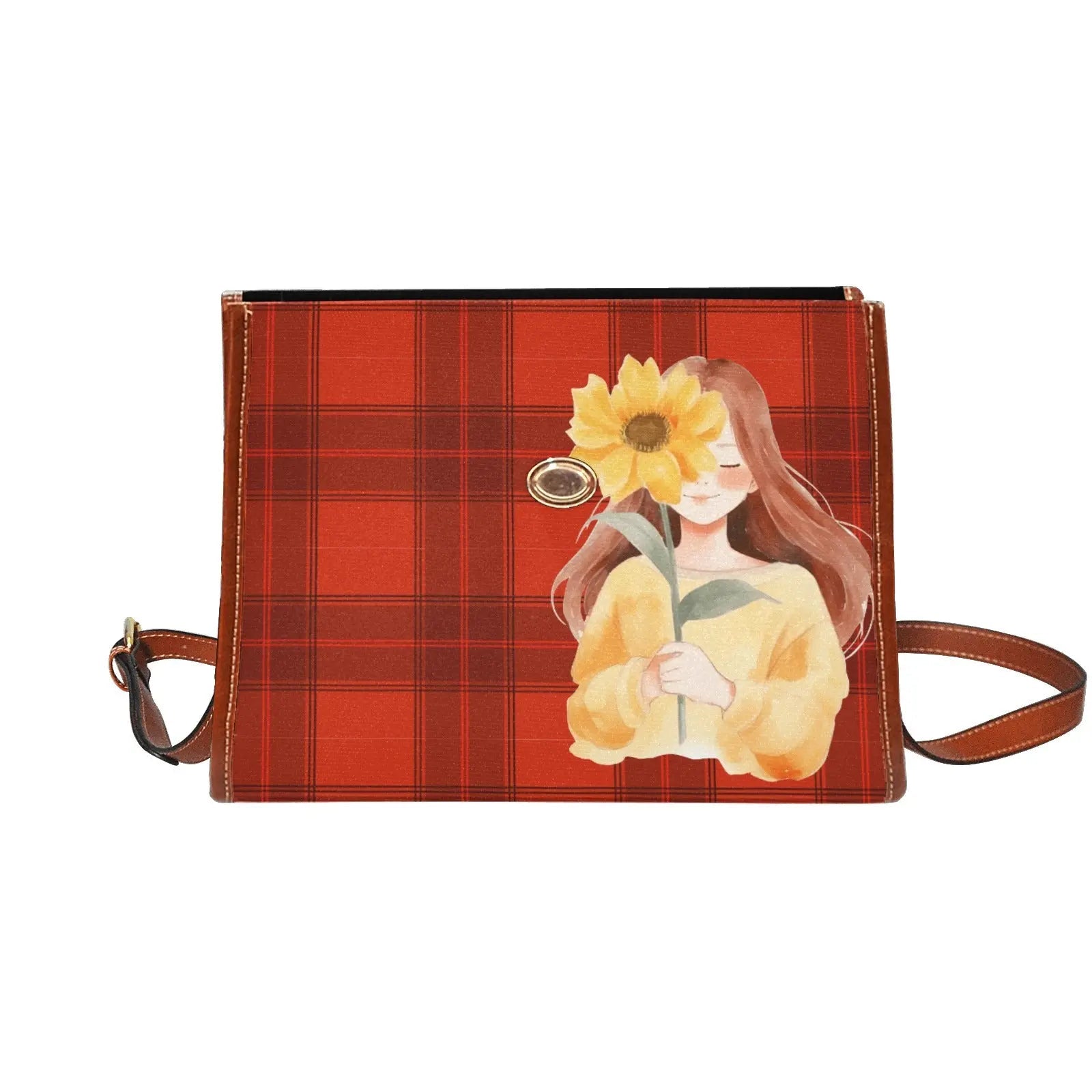 Personalized Waterproof Canvas Shoulder Strap Bag Tartan Red Sunflower Girl - Piryoung Shop