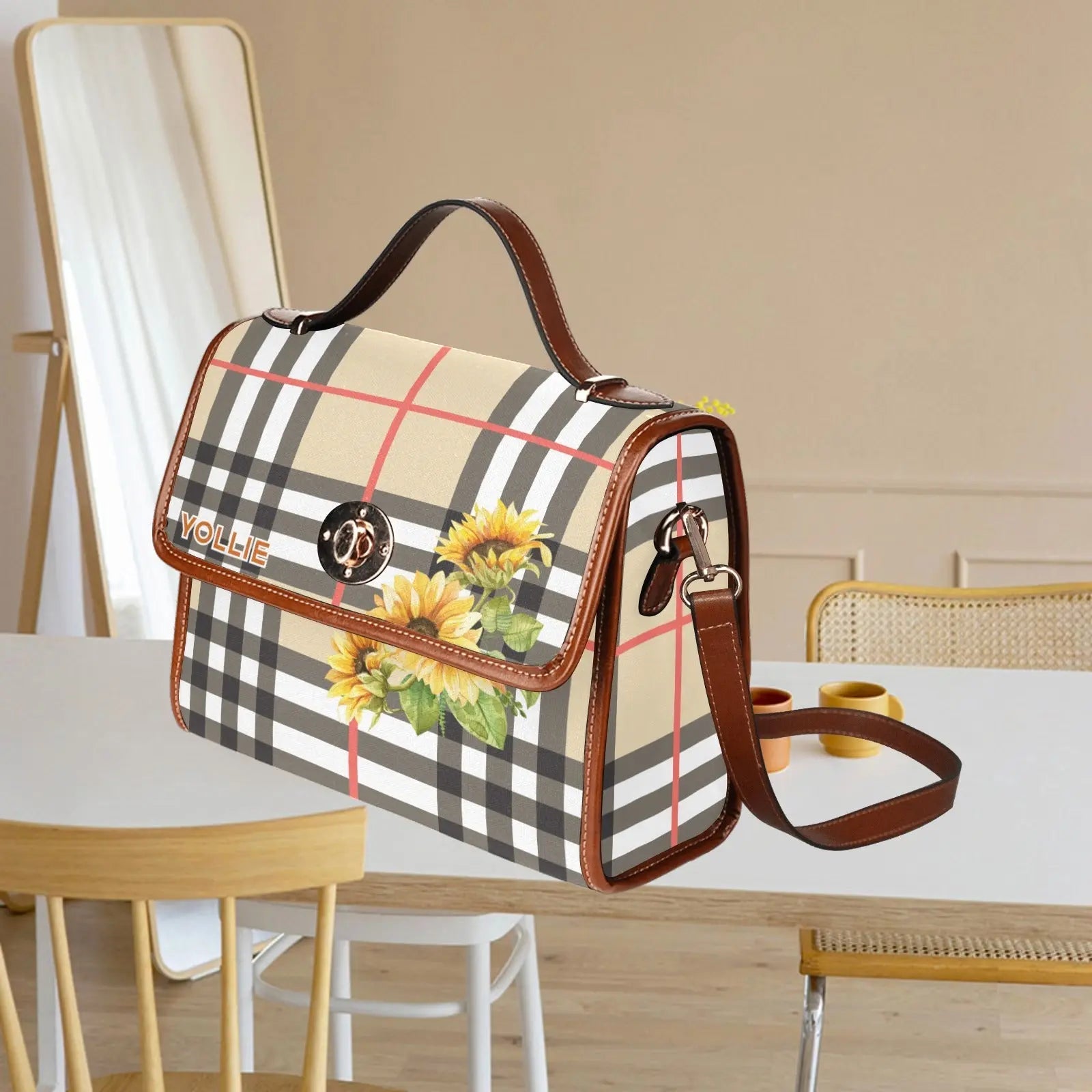 Personalized Waterproof Canvas Shoulder Strap Bag Tartan Sunflower - Piryoung Shop