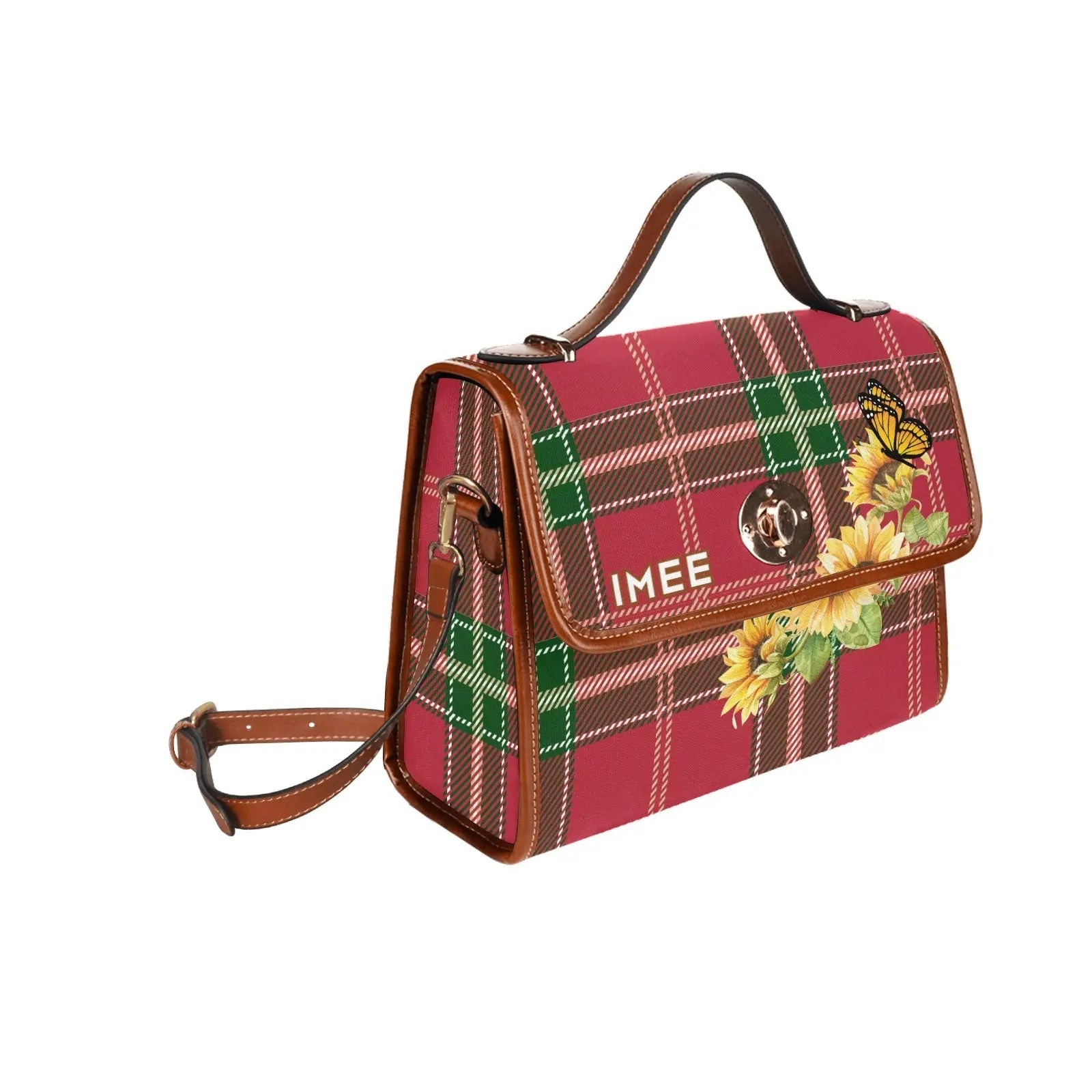 Personalized Waterproof Canvas Shoulder Strap Bag Tartan Sunflower Butterfly - Piryoung Shop