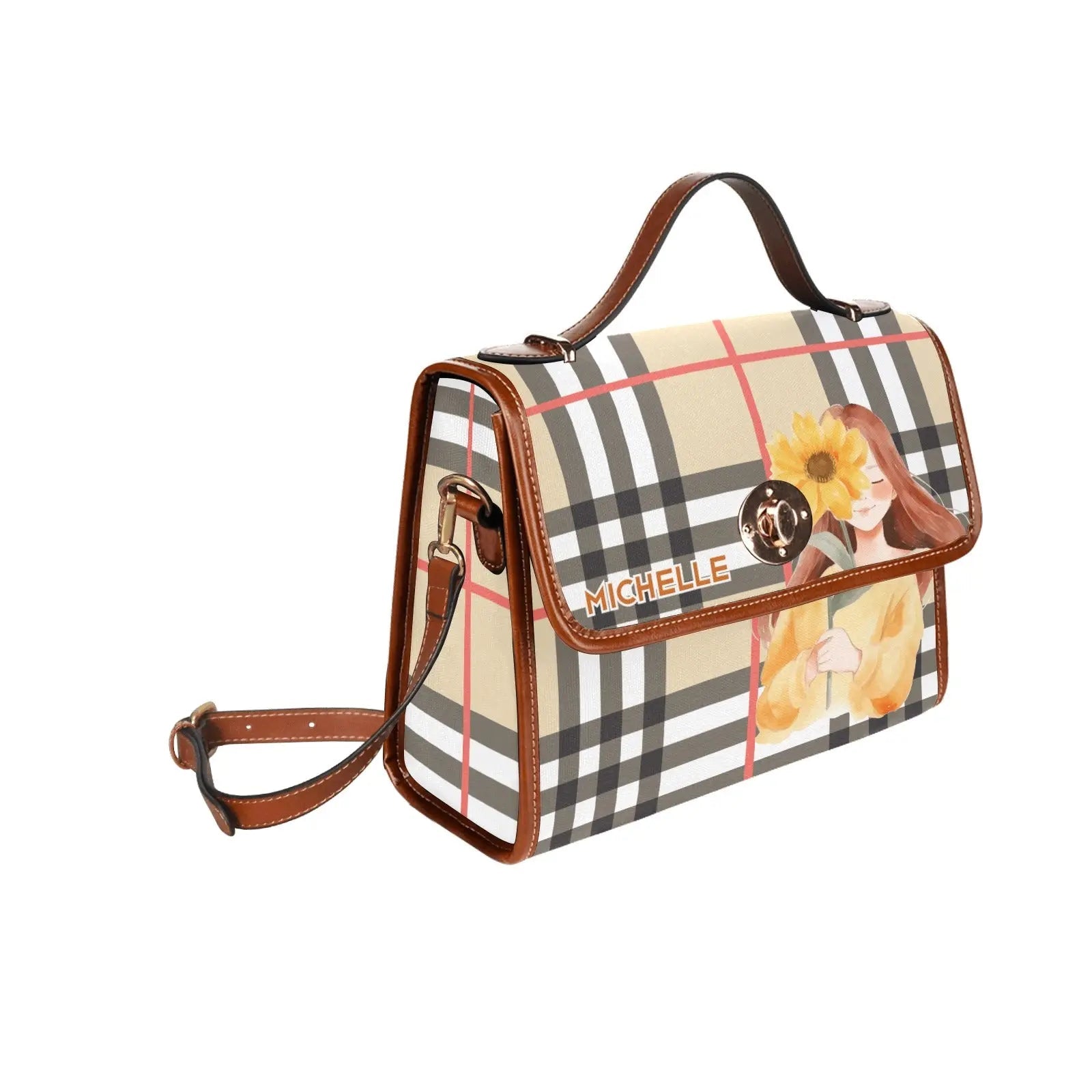 Personalized Waterproof Canvas Shoulder Strap Bag Tartan Sunflower Girl - Piryoung Shop