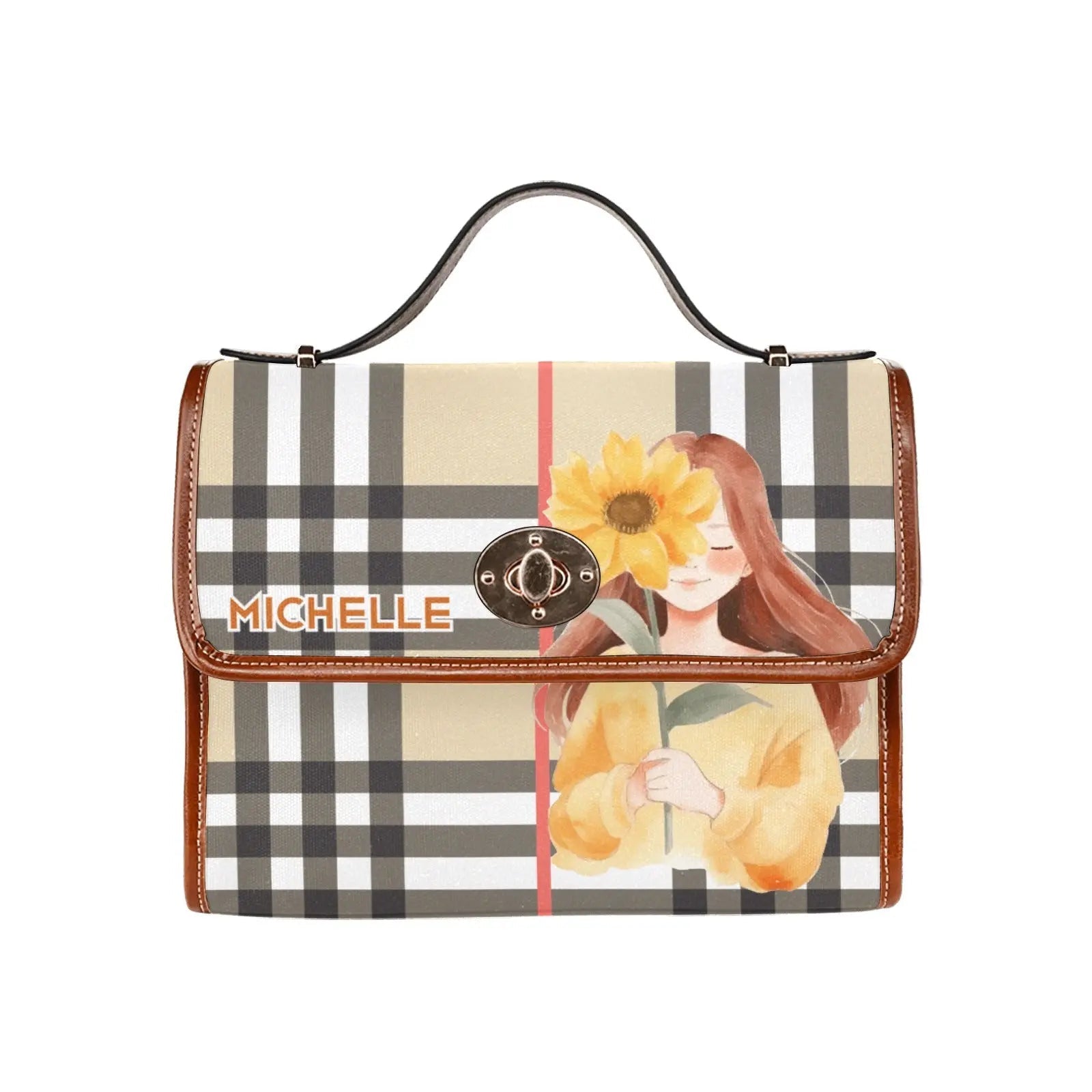 Personalized Waterproof Canvas Shoulder Strap Bag Tartan Sunflower Girl - Piryoung Shop