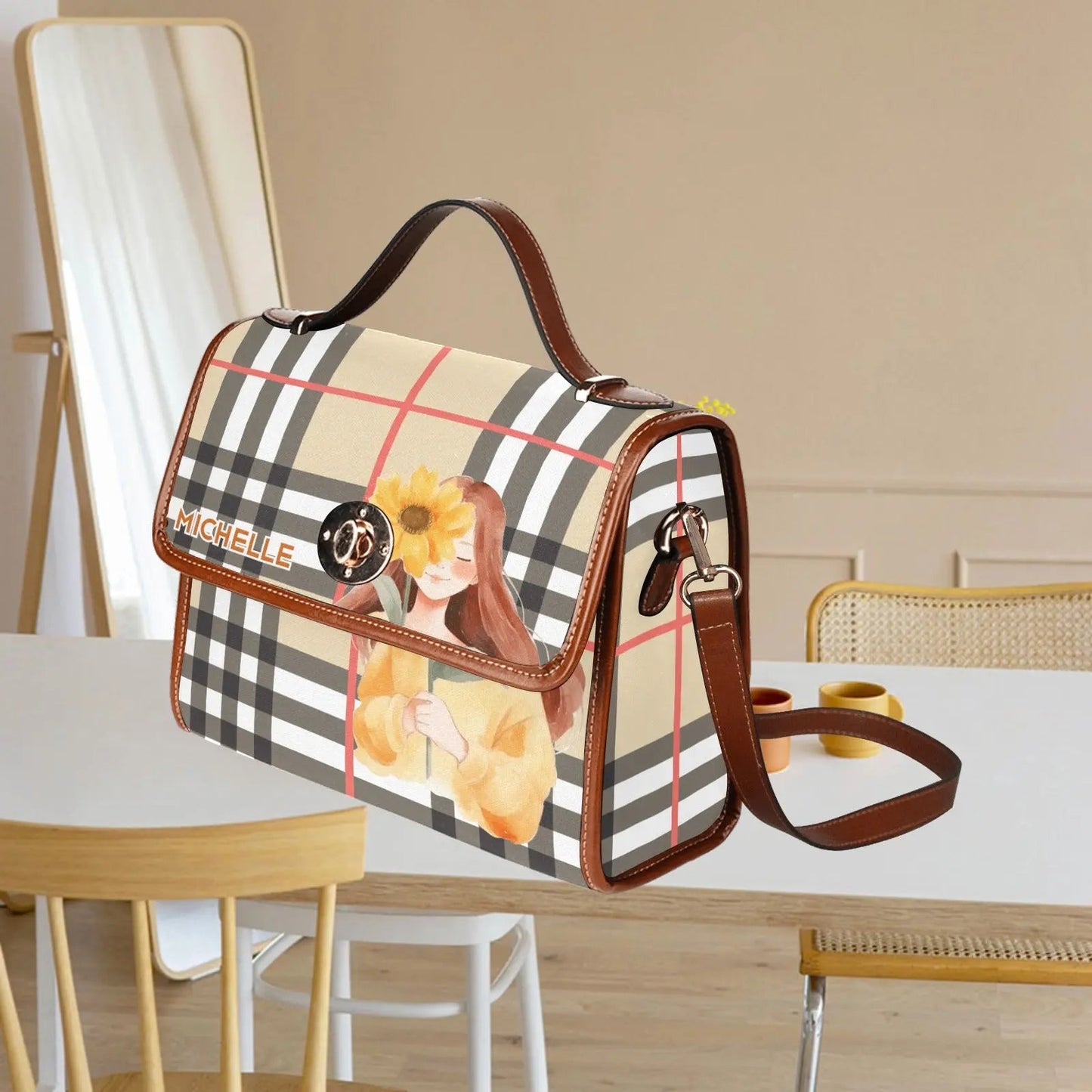 Personalized Waterproof Canvas Shoulder Strap Bag Tartan Sunflower Girl - Piryoung Shop