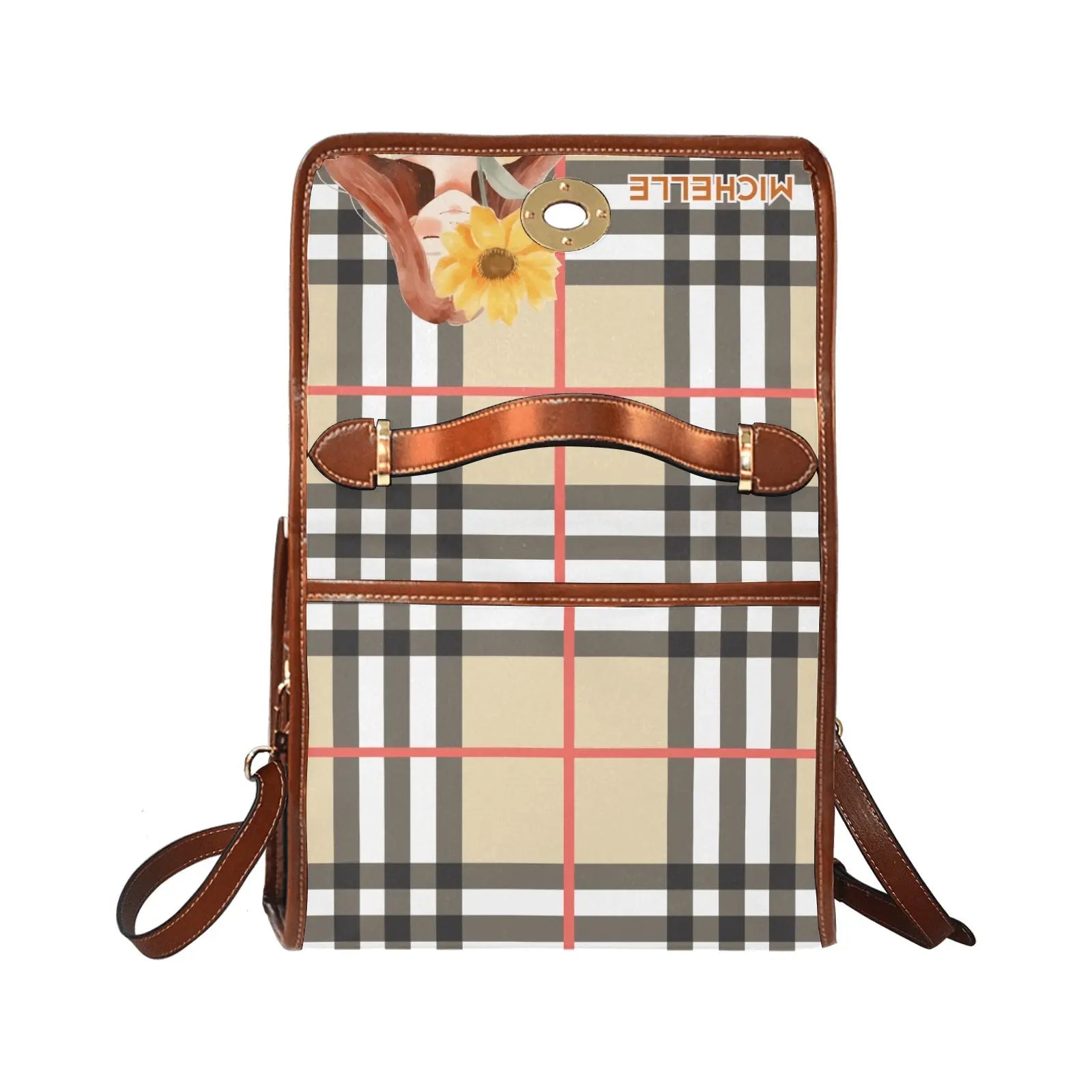 Personalized Waterproof Canvas Shoulder Strap Bag Tartan Sunflower Girl - Piryoung Shop