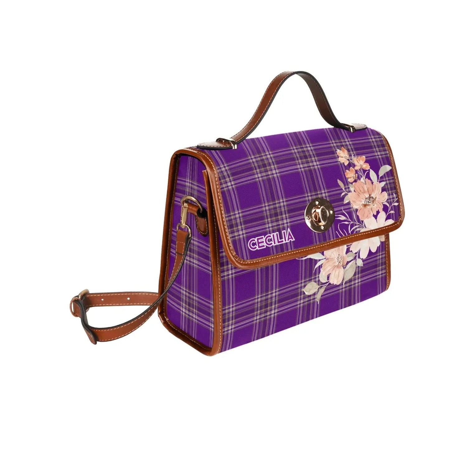Personalized Waterproof Canvas Shoulder Strap Bag Tartan Vintage Flower - Piryoung Shop