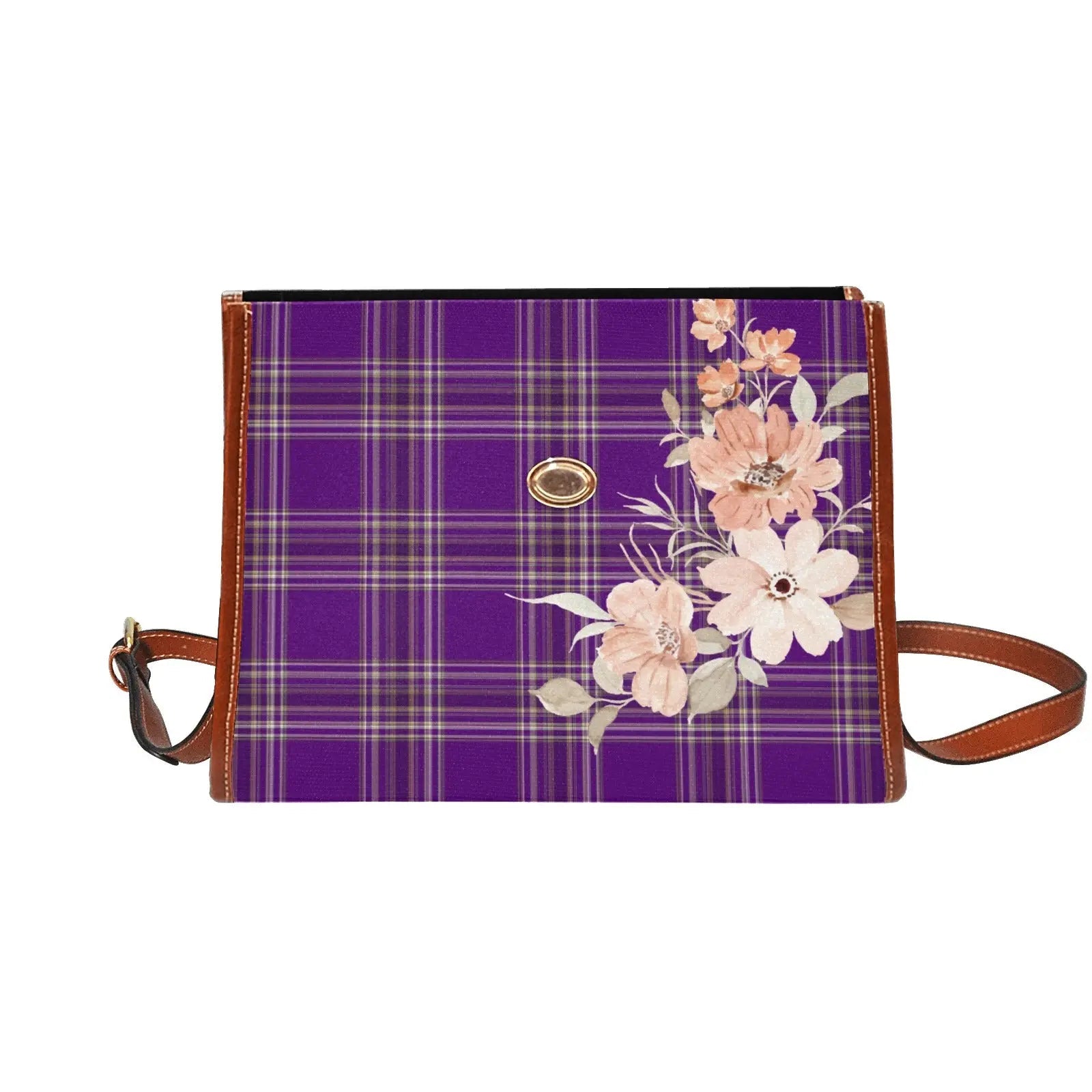Personalized Waterproof Canvas Shoulder Strap Bag Tartan Vintage Flower - Piryoung Shop