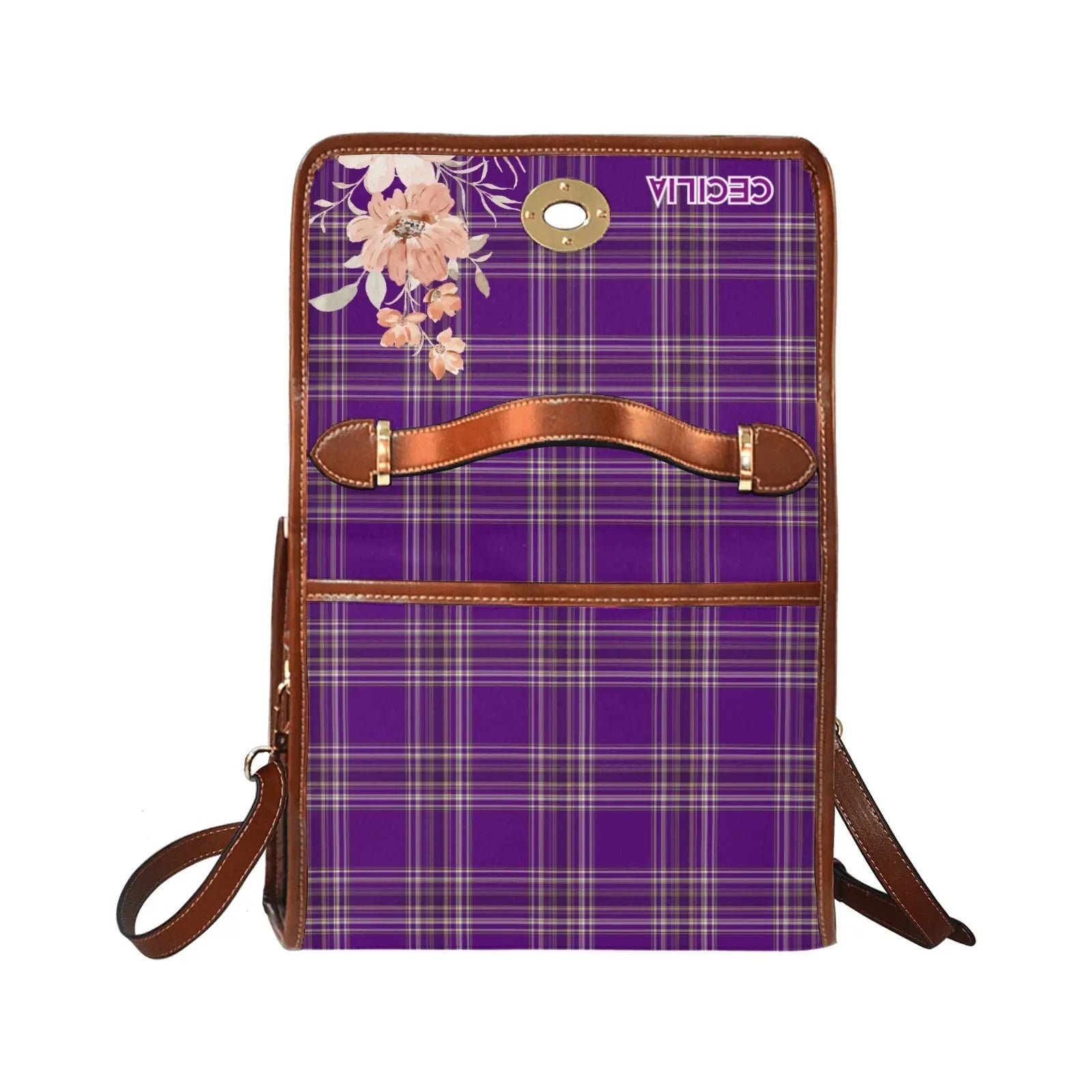 Personalized Waterproof Canvas Shoulder Strap Bag Tartan Vintage Flower - Piryoung Shop