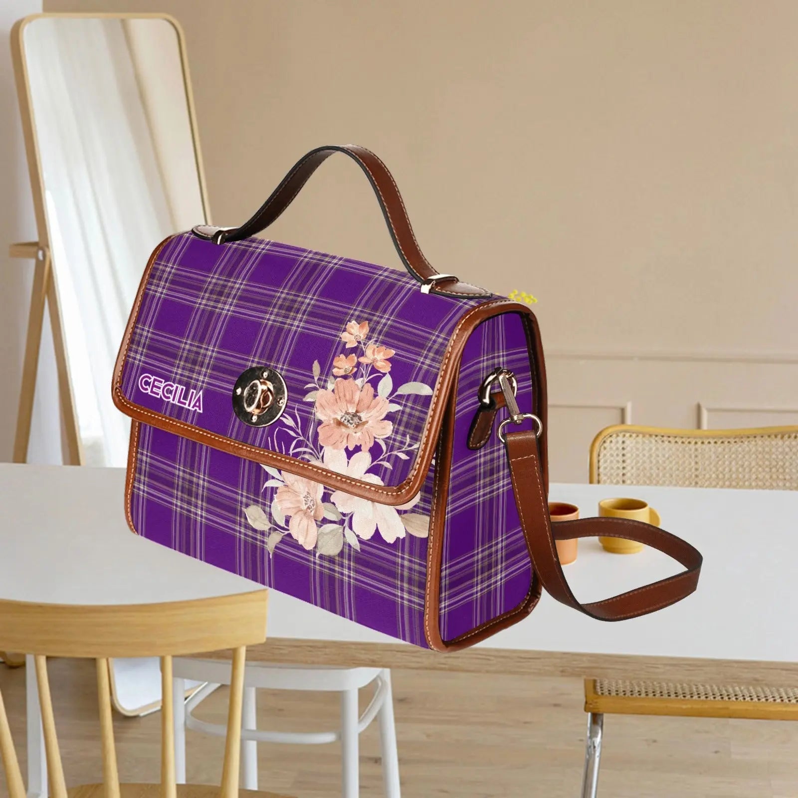 Personalized Waterproof Canvas Shoulder Strap Bag Tartan Vintage Flower - Piryoung Shop