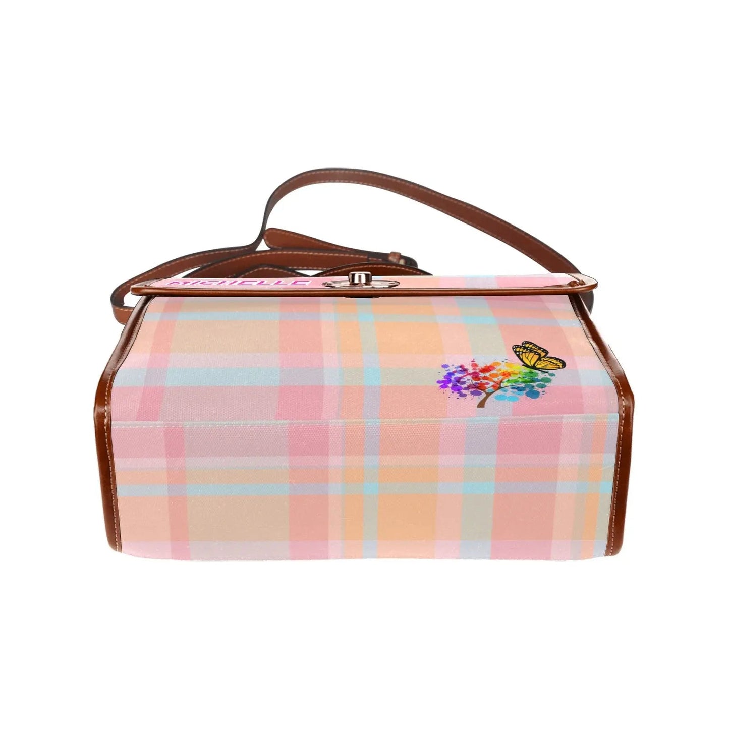 Personalized Waterproof Canvas Shoulder Strap Tartan Pink Bag - Piryoung Shop